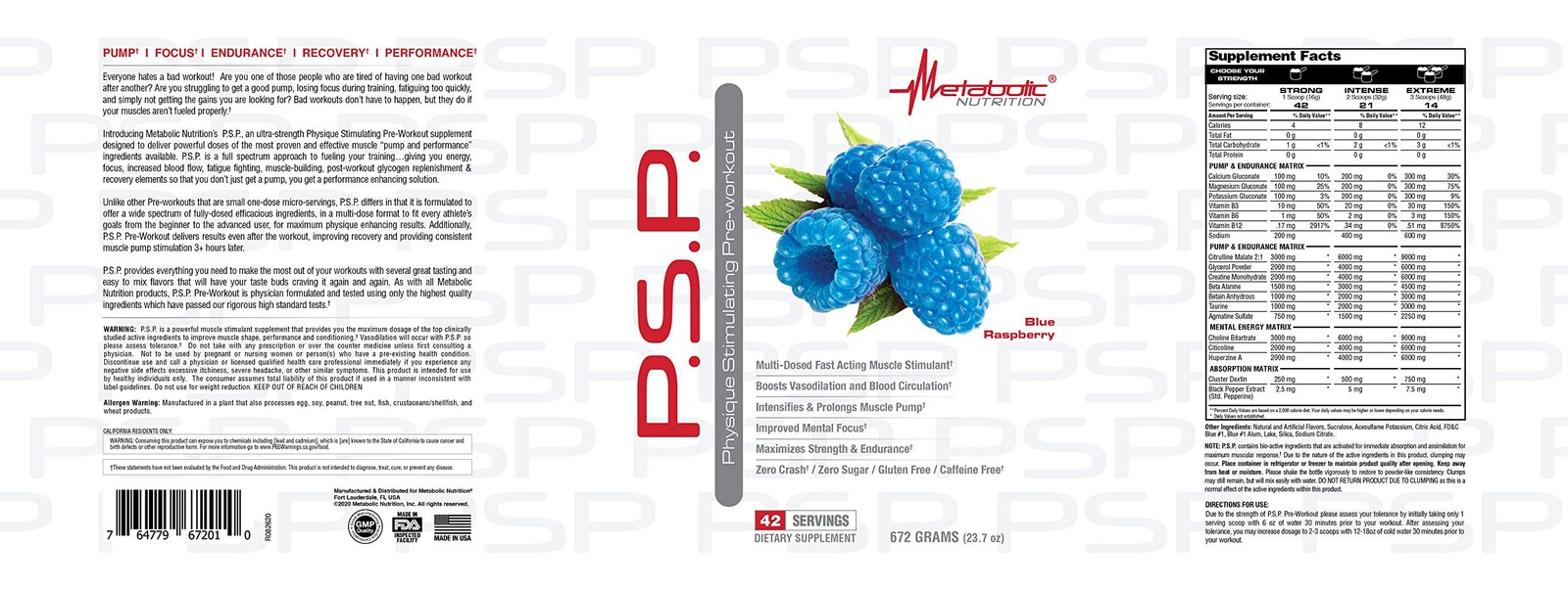 Metabolic Nutrition P.S.P. Physique Stimulating Preworkout 672G Zero Sugar