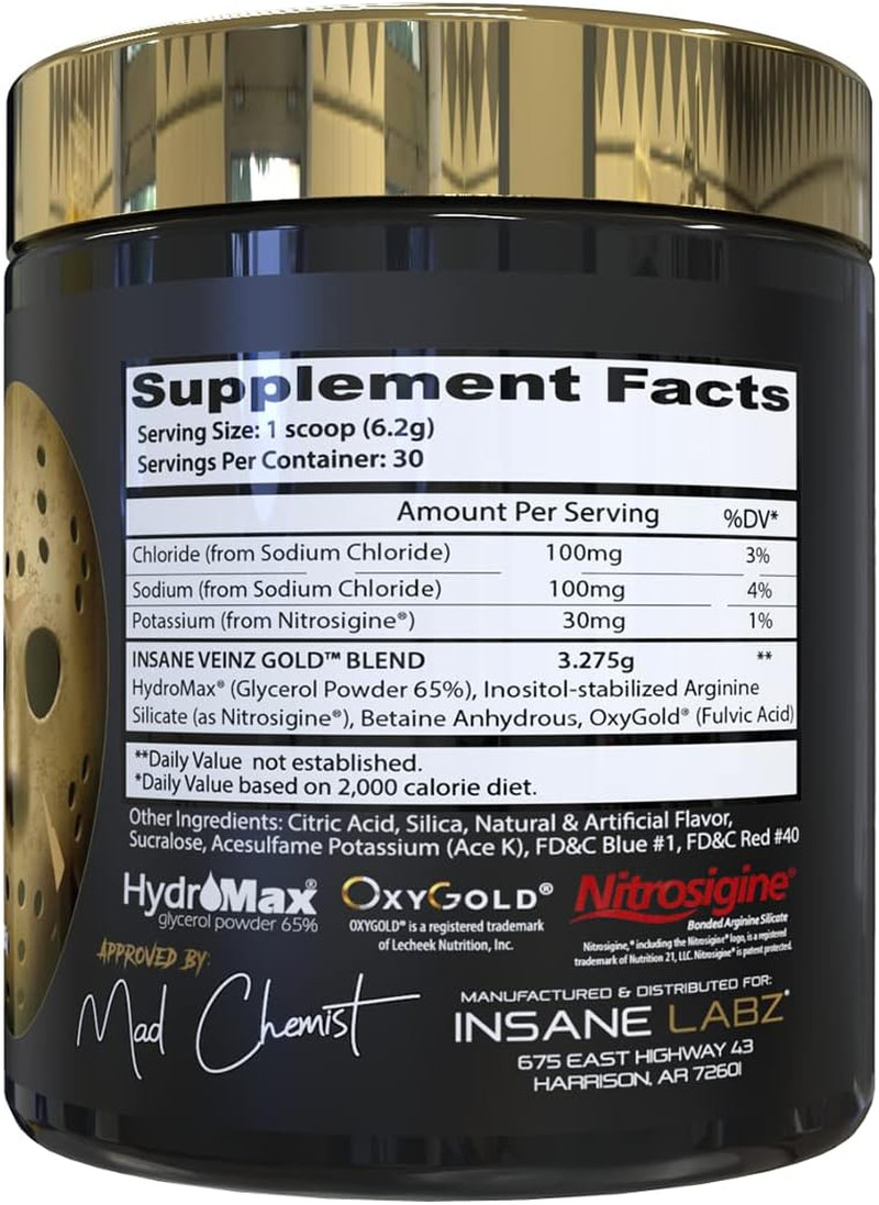 Insane Veinz Gold, Nitric Oxide Non Stimulant Pre Workout Powder, Loaded with Hy