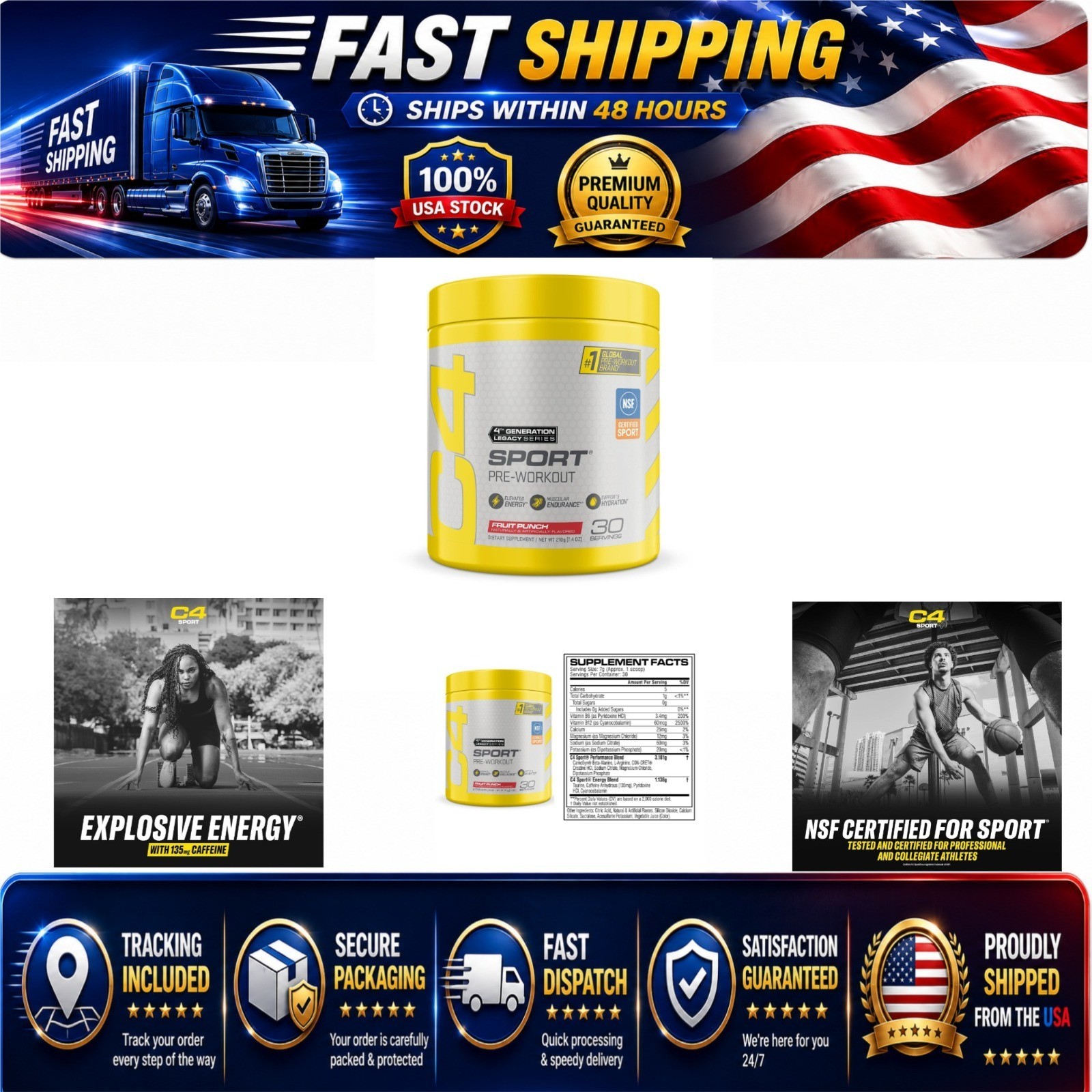 C4 Sport Pre Workout Powder Fruit Punch | 30 Servings | NSF Certified
