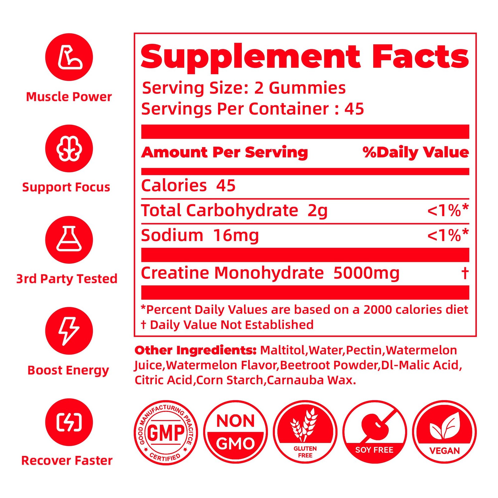 NSF Certified Creatine Monohydrate Gummies 90 Count (Pack of 1), Watermelon