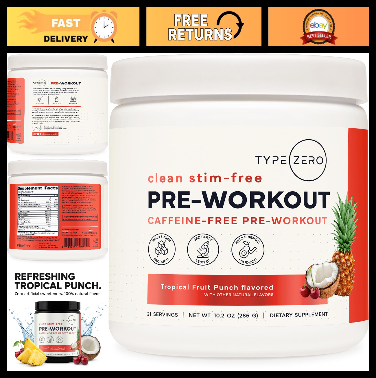 Stim-Free Pre Workout Powder – Tropical Fruit Punch, 21 Servings, Nitric Oxide B
