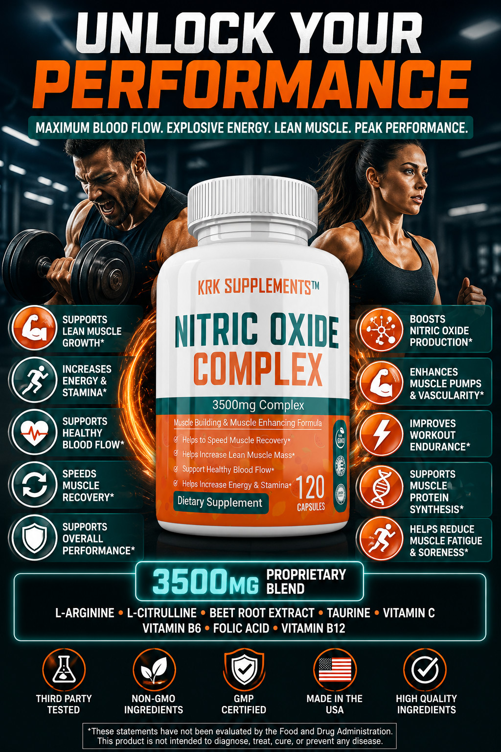 1 pk Nitric Oxide Complex 3500mg L-Arginine AAKG Muscle Pump Growth Pills