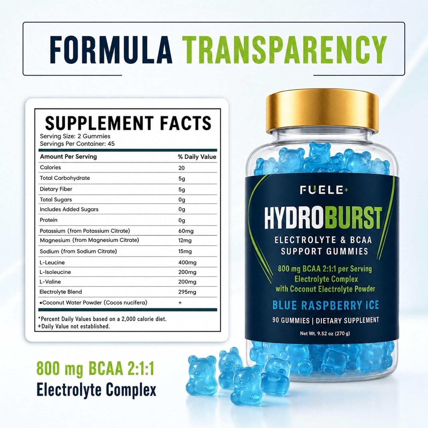 FUELE Electrolyte Gummies BCAA 2 1 1 Sugar Free Blue Raspberry 90 Ct