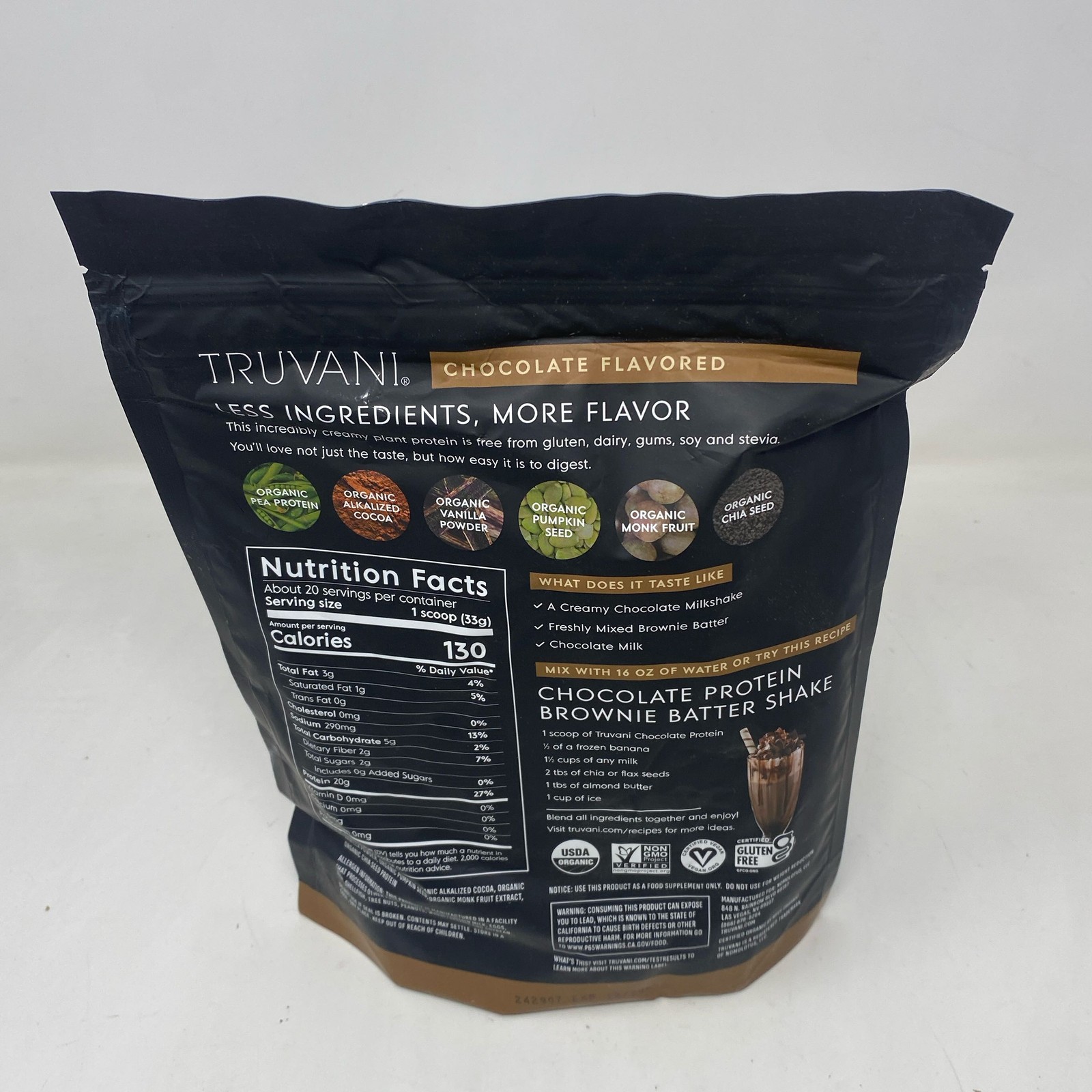 Truvani Organic Plant-Based Protein Powder Chocolate 23.63oz Bag