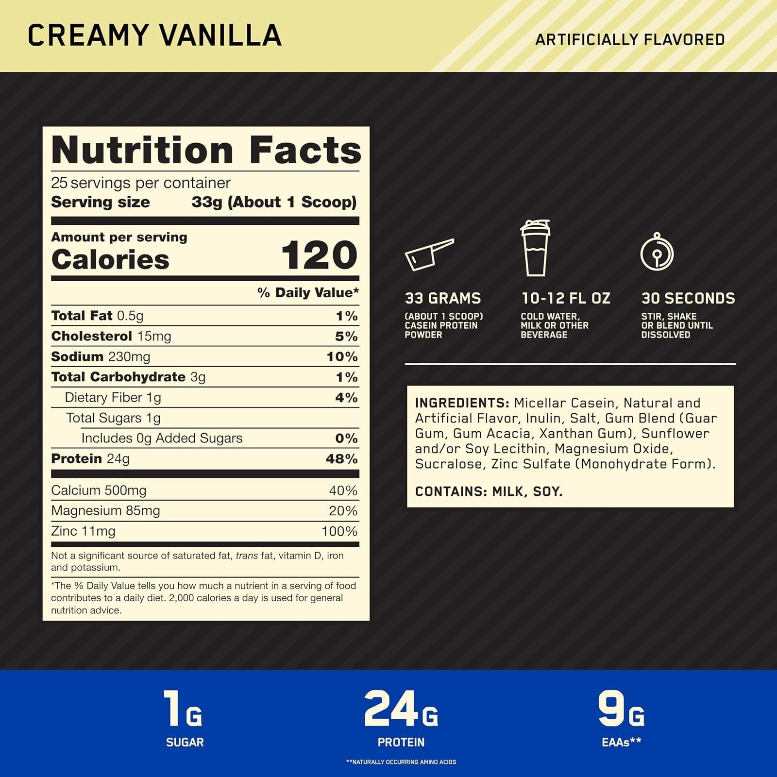 Optimum Nutrition Gold Standard Casein Protein Powder, Vanilla, 2 LB