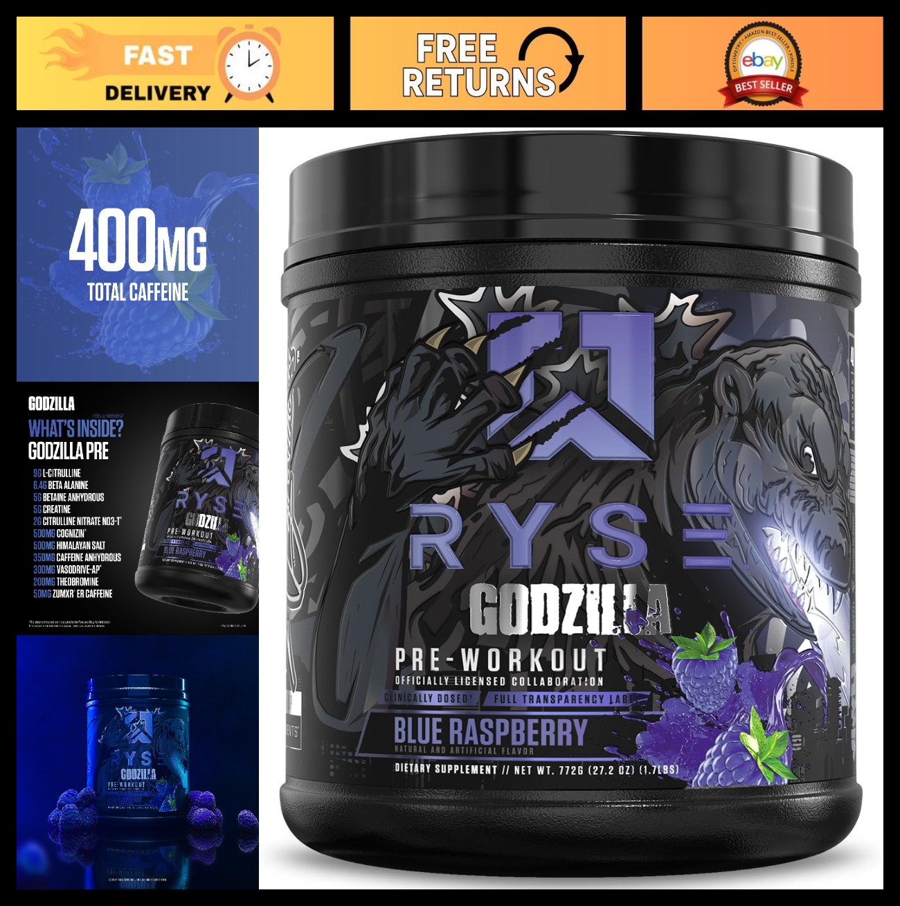 High-Stim Pre Workout Powder – Blue Raspberry, 400mg Caffeine, Energy & Focus, C