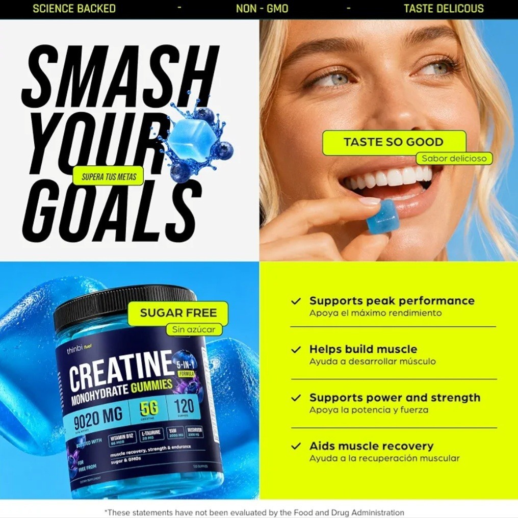 Thinbi Creatine Gummies Men & Women 9020mg 5-in-1 Complex Sugar Free Blueberry