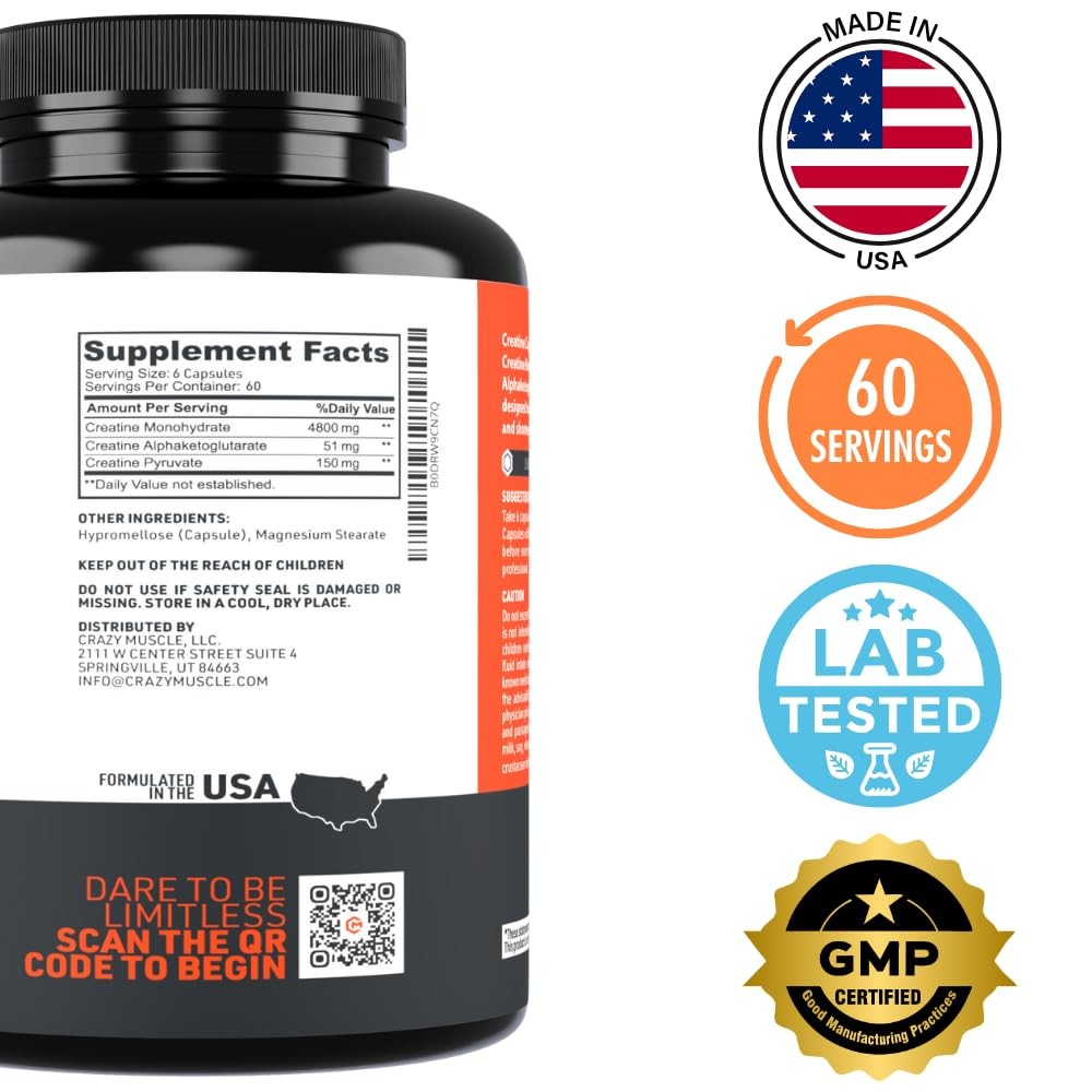 Crazy Muscle Creatine Capsules, 5g of Premium 3X ThreeAtine Pre Workout Bulk …