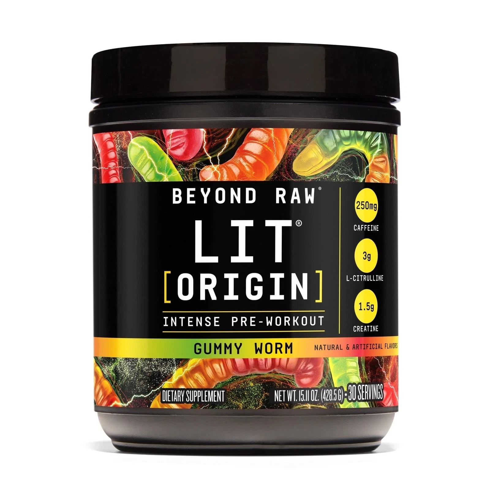 Beyond Raw LIT Origin Pre Workout Powder, Gummy Worm, for Men & Women, Energy