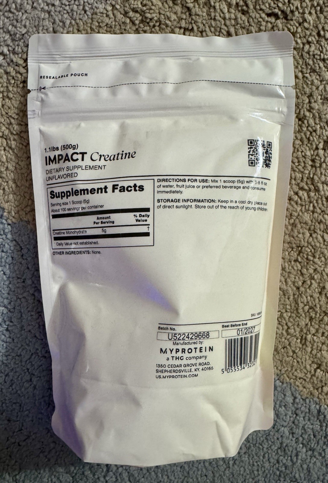 Myprotein Impact Creatine Monohydrate Powder 1.1 lbs (500g) Unflavored