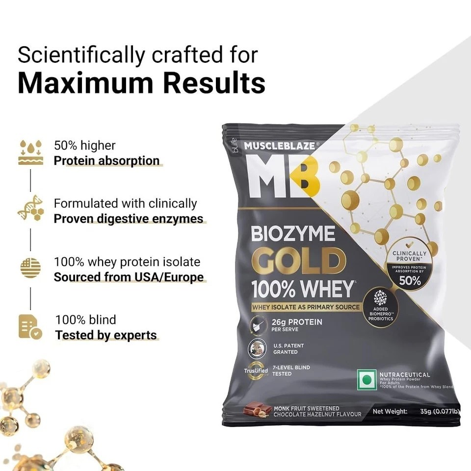 MuscleBlaze Biozyme Gold 100% Whey Protein Powder Sweetened Chocolate 5x35g q420