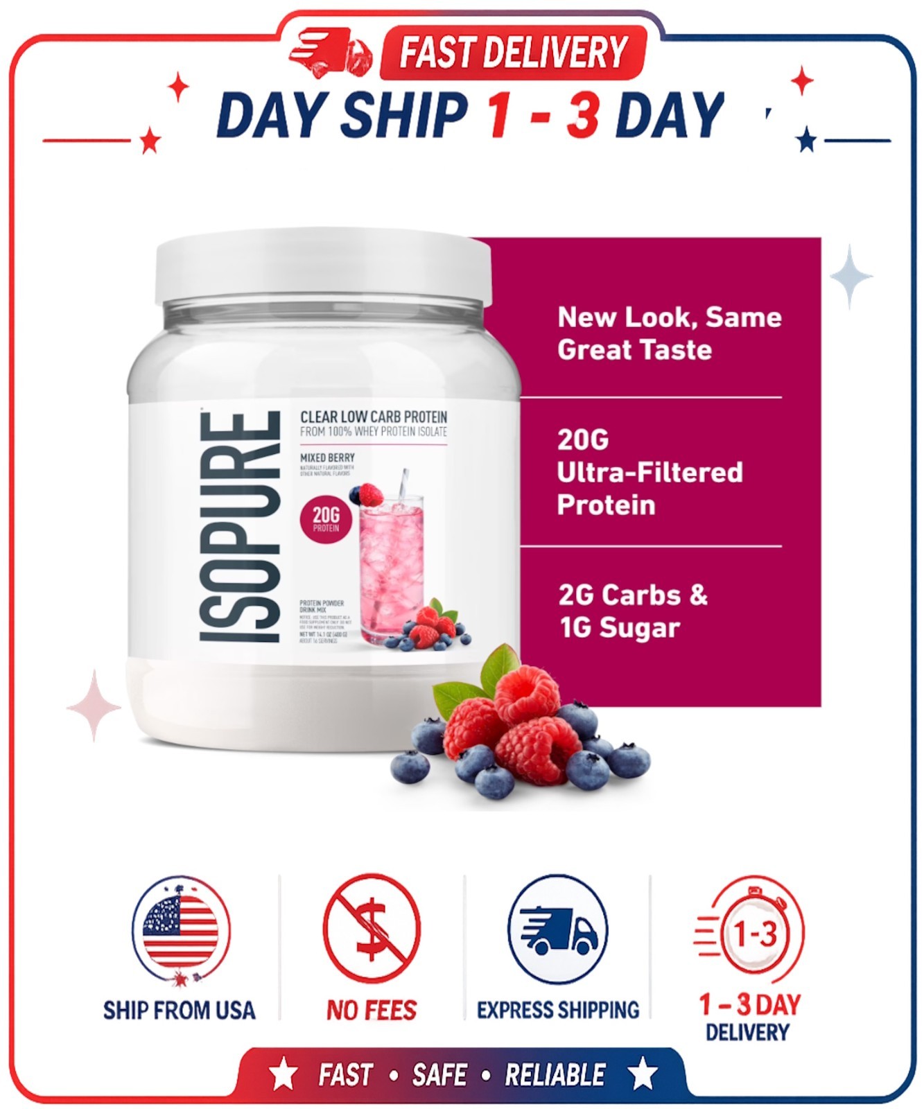 Isopure Clear Low Carb 100% Whey Protein Isolate Powder, Mixed Berry, 20g Protei