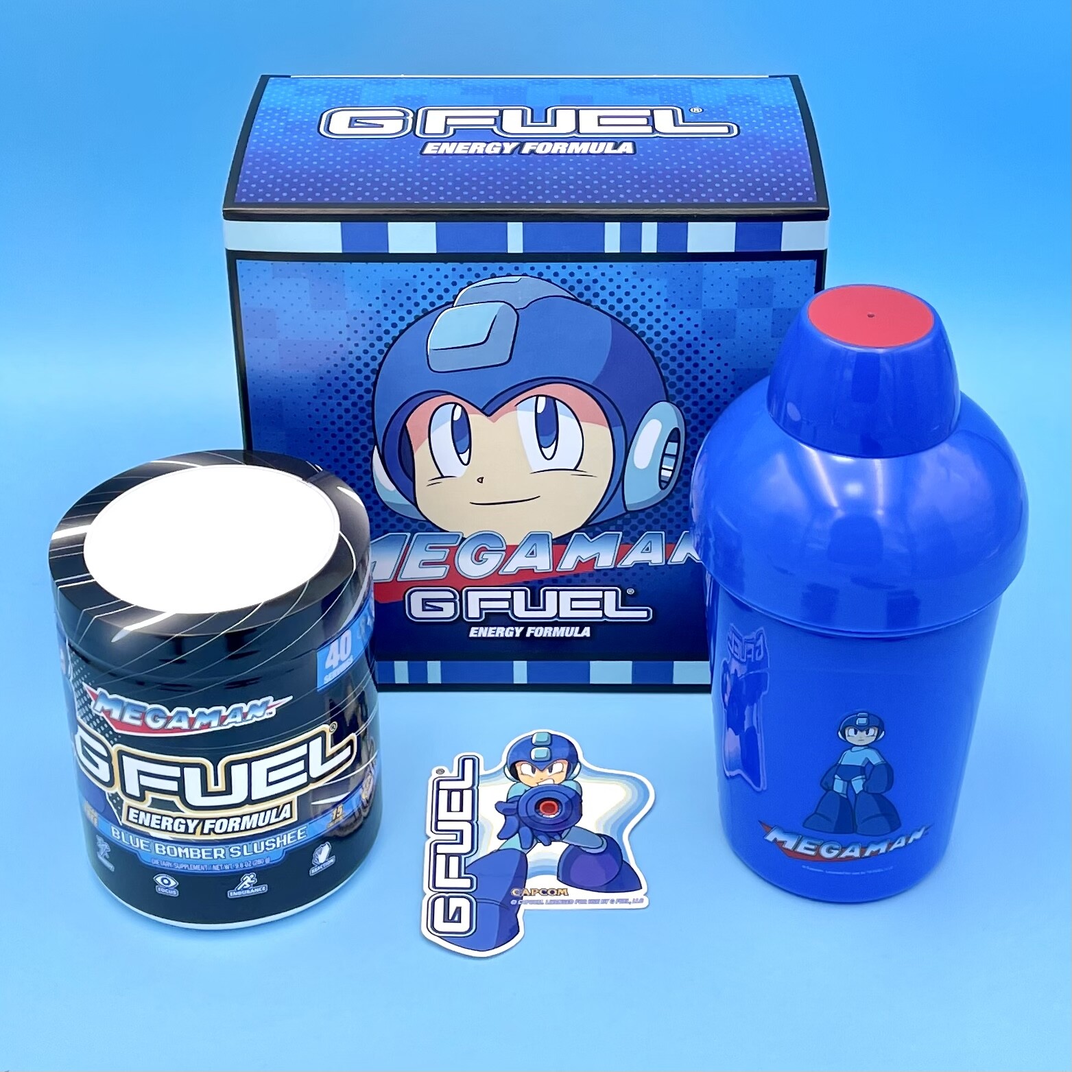 G Fuel Mega Man Blue Bomber Slushee Collector’s Box + Mega Buster Gun Shaker Cup