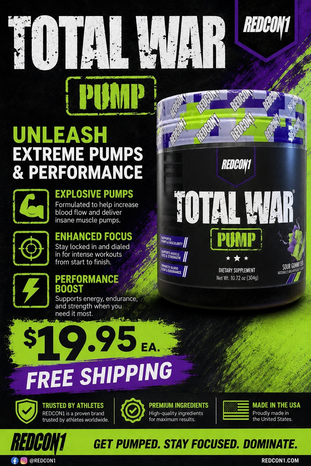 REDCON1 TOTAL WAR PUMP Sour Gummy Bear Stim Free Pre-Workout 30 Serv 2027 EXP