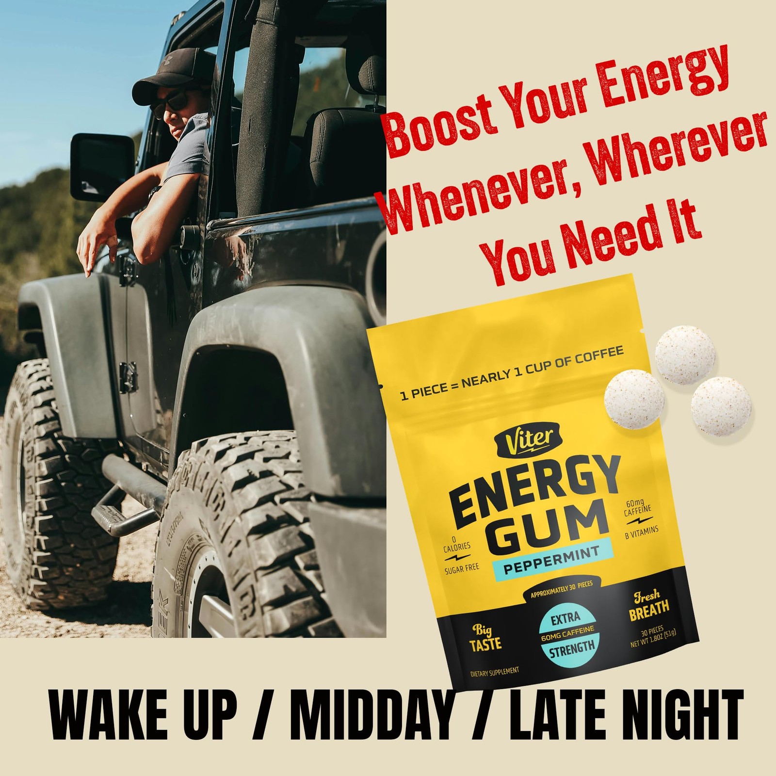 Viter Energy 60mg Caffeine Gum (Peppermint Flavor, 30 30 Count (Pack of 1)