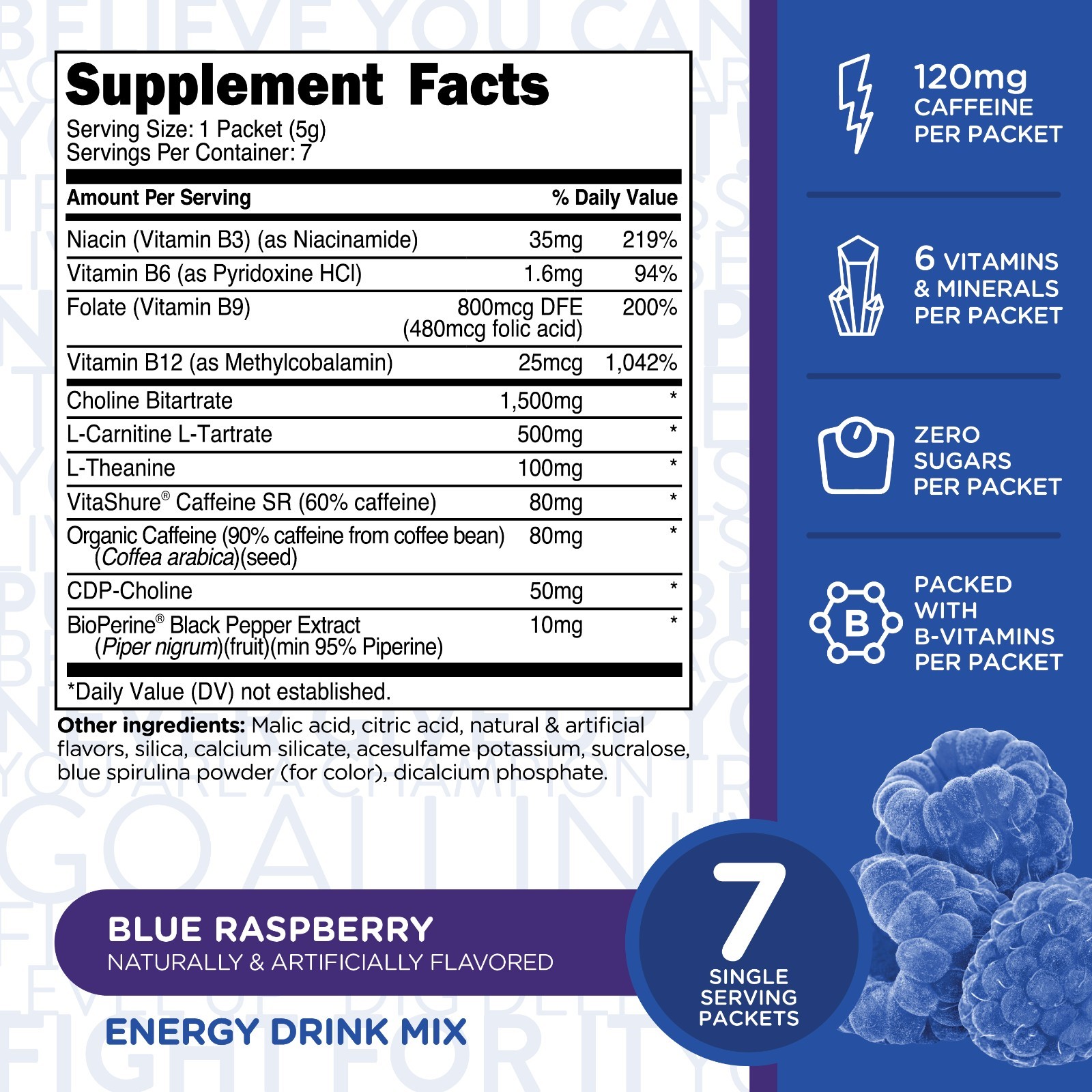 TransformHQ Boost Shot Powder Stick Packets, Blue Raspberry Energy – 7 Pack