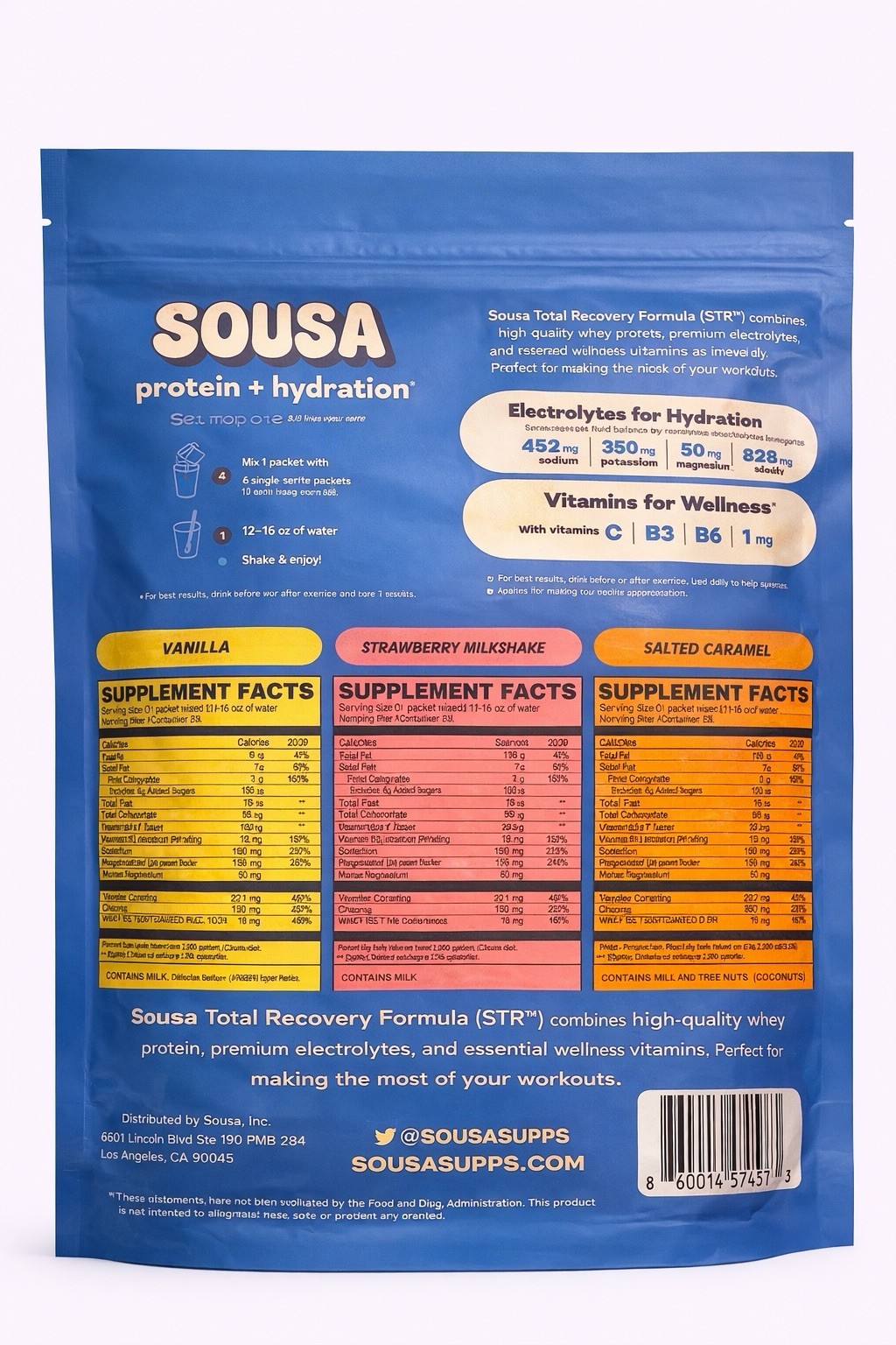 Sousa Protein + Hydration Recovery Drink Mix 6 Packets Vanilla Strawberry Salted