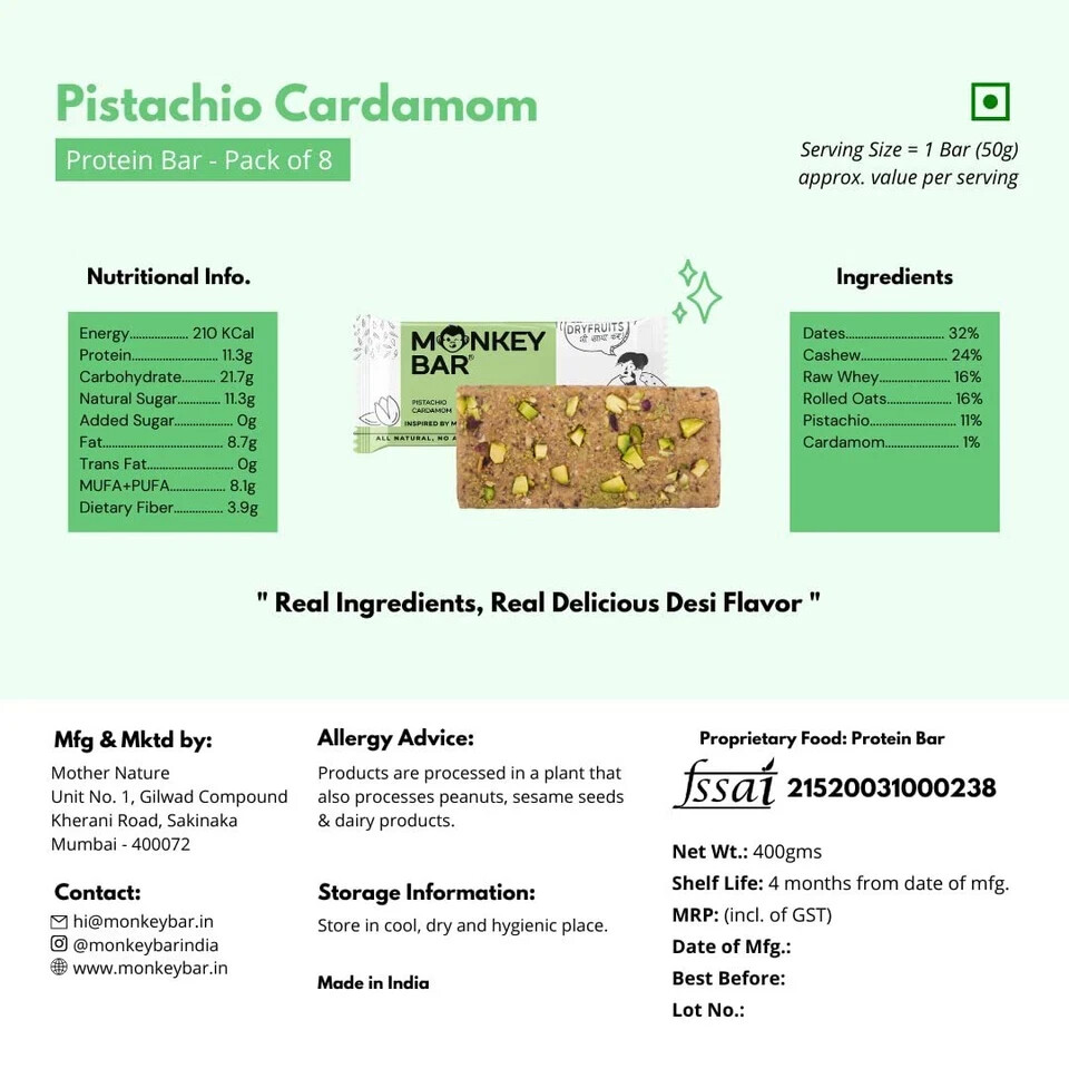 MONKEY BAR – Pistachio Cardamom Protein Bar – 8 Bars, 50g each, 11g Protein, Hig