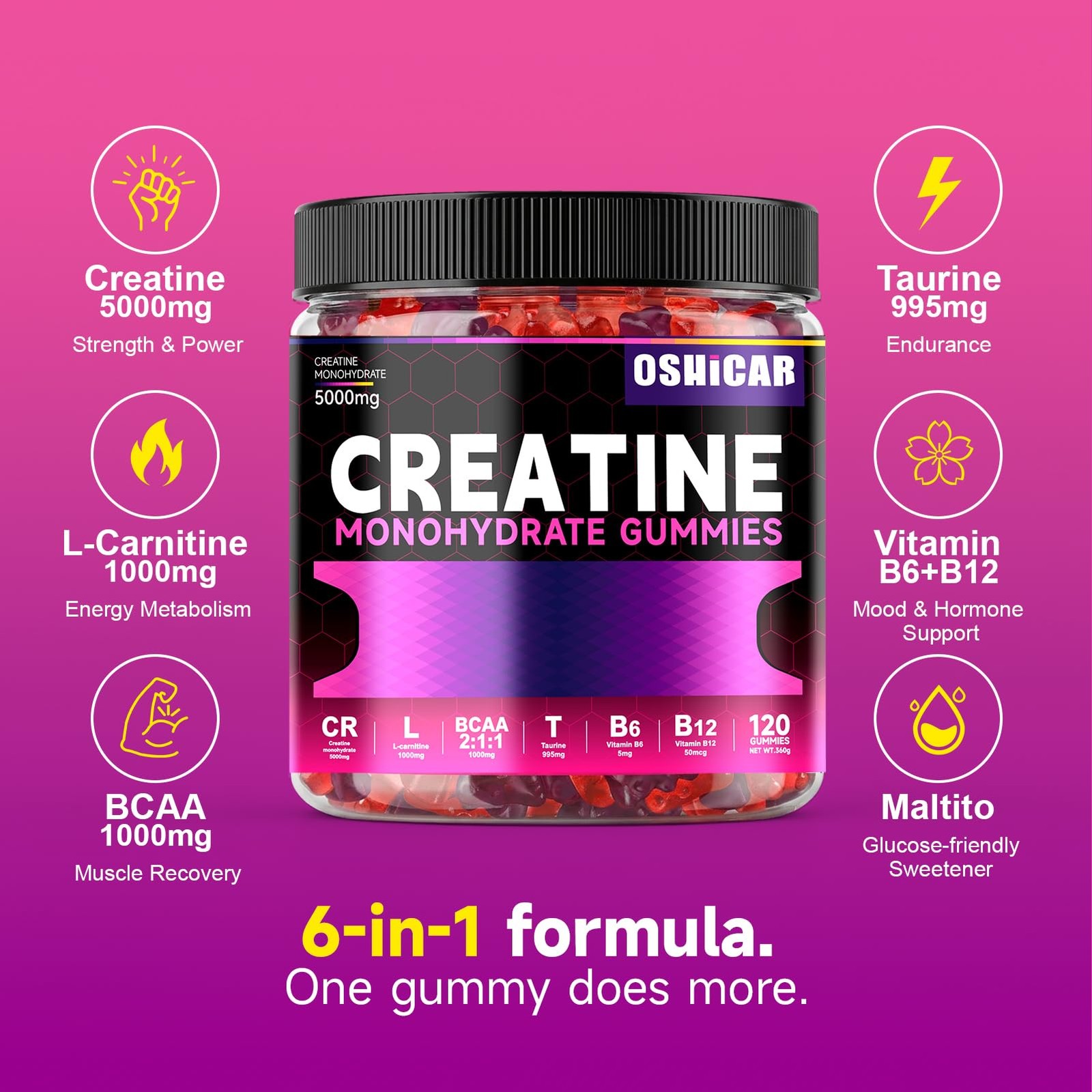 Creatine Gummies for Women, 3 Gummies = 5g Creatine Monohydrate with L-Carnit…