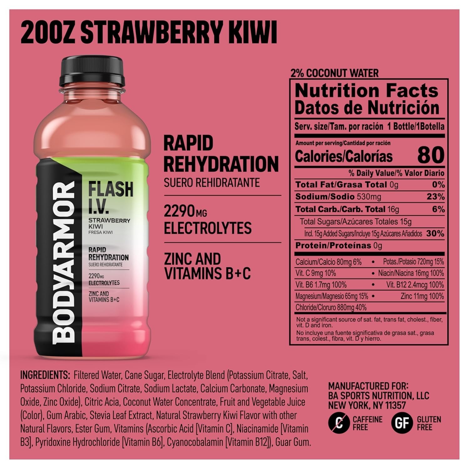 Electrolyte Beverage BodyArmor Flash I V Strawberry Kiwi Hydration Drink Coconut