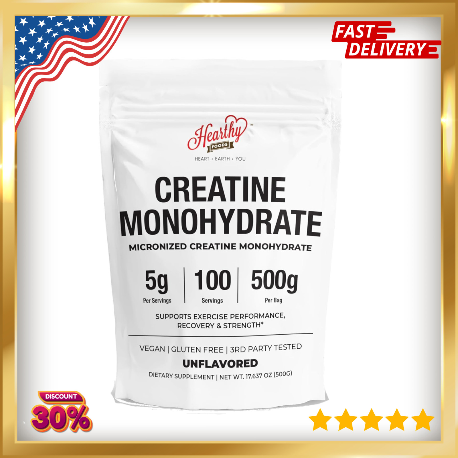 HEARTHY FOODS Creatine Monohydrate Micronized Powder 500G – 100 Servings, 5000mg