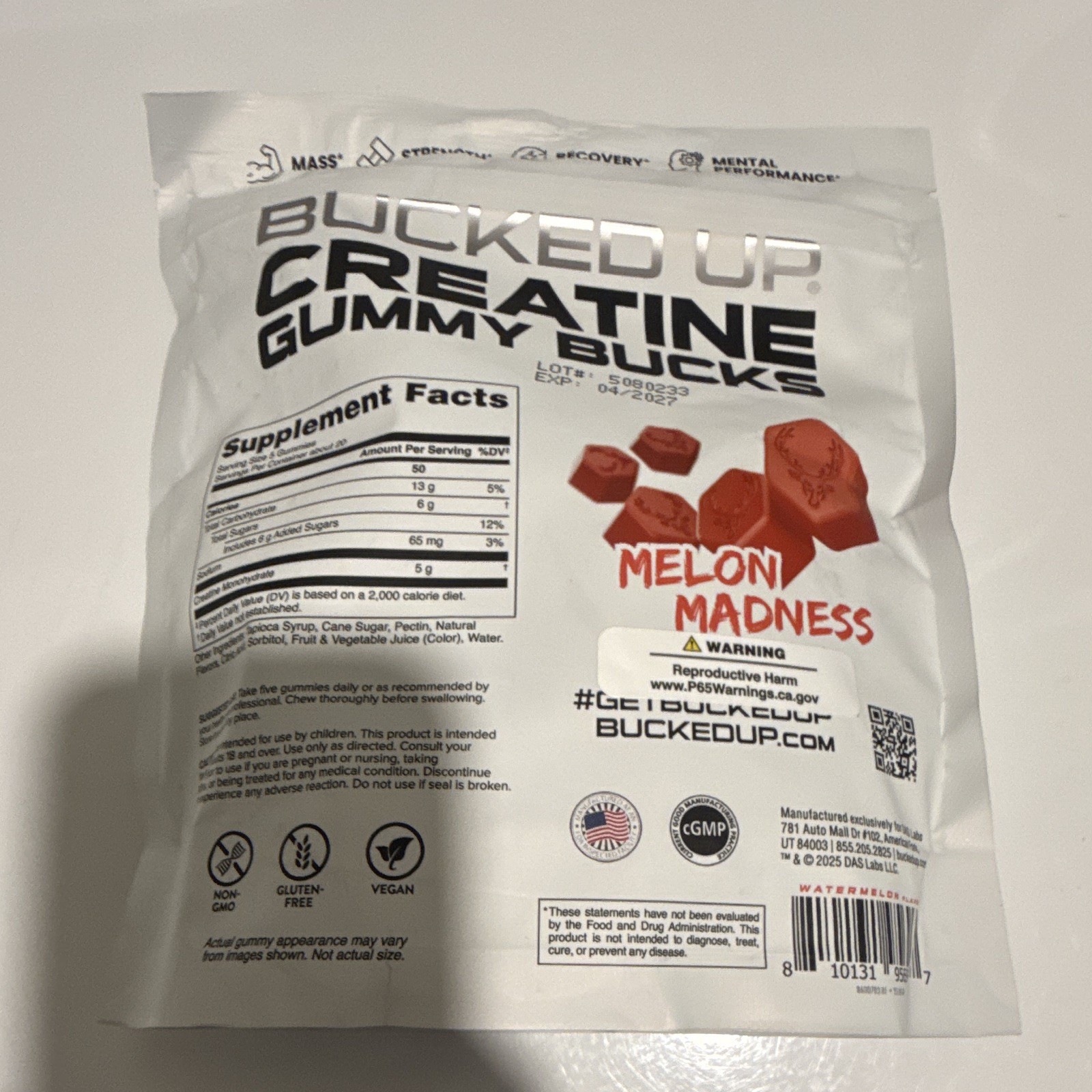 Bucked Up Creatine Monohydrate Gummies 5g 20 Servings Melon Madness Exp 04/2027