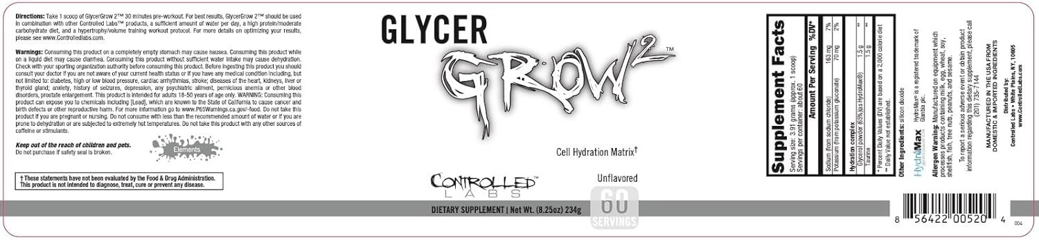 Controlled Labs Glycergrow Glycerol Pump Nitric Oxide Powder 60 Servings New