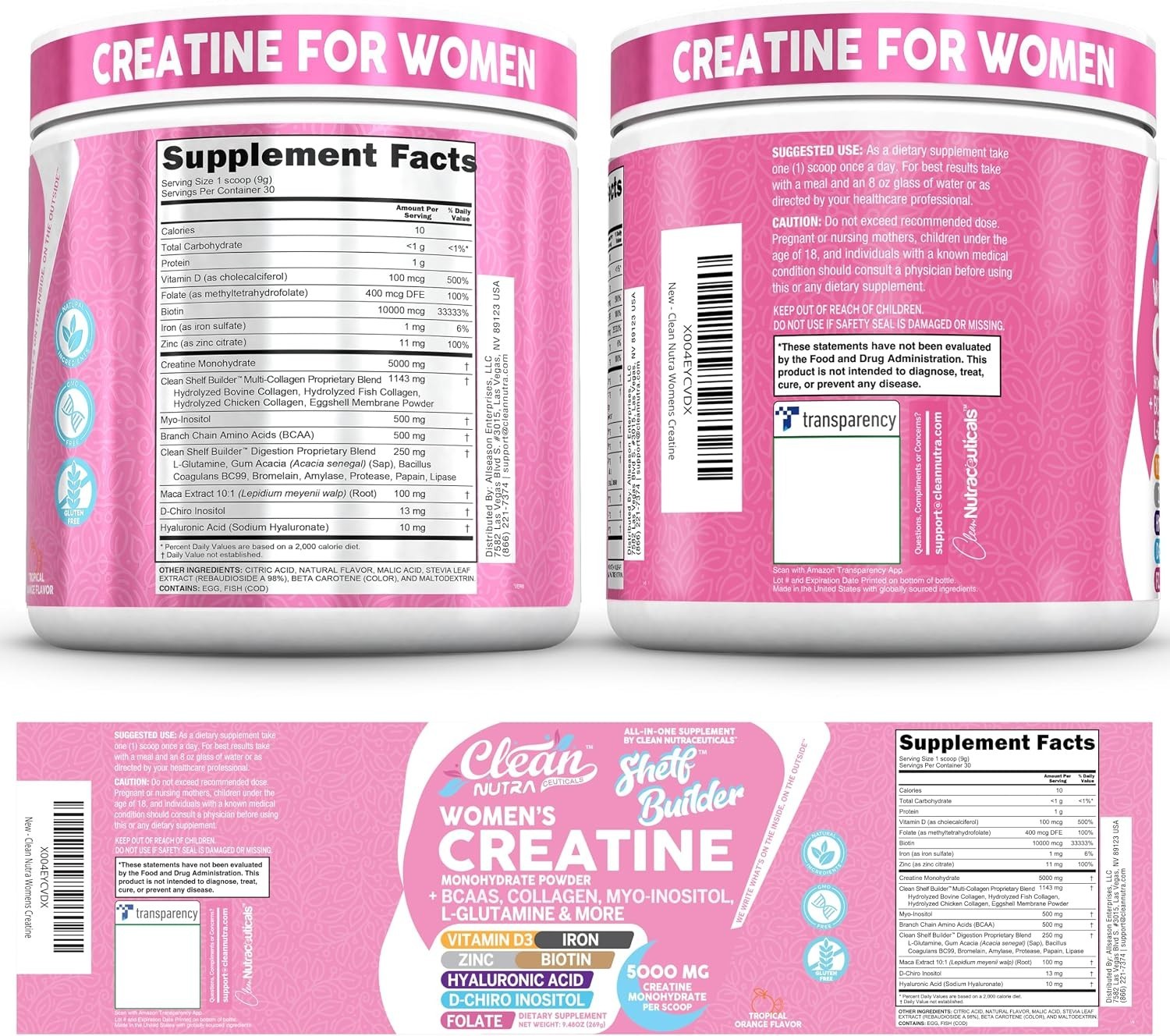 Creatine Monohydrate Powder for Women BCAA Collagen Biotin Hyaluronic Acid D3