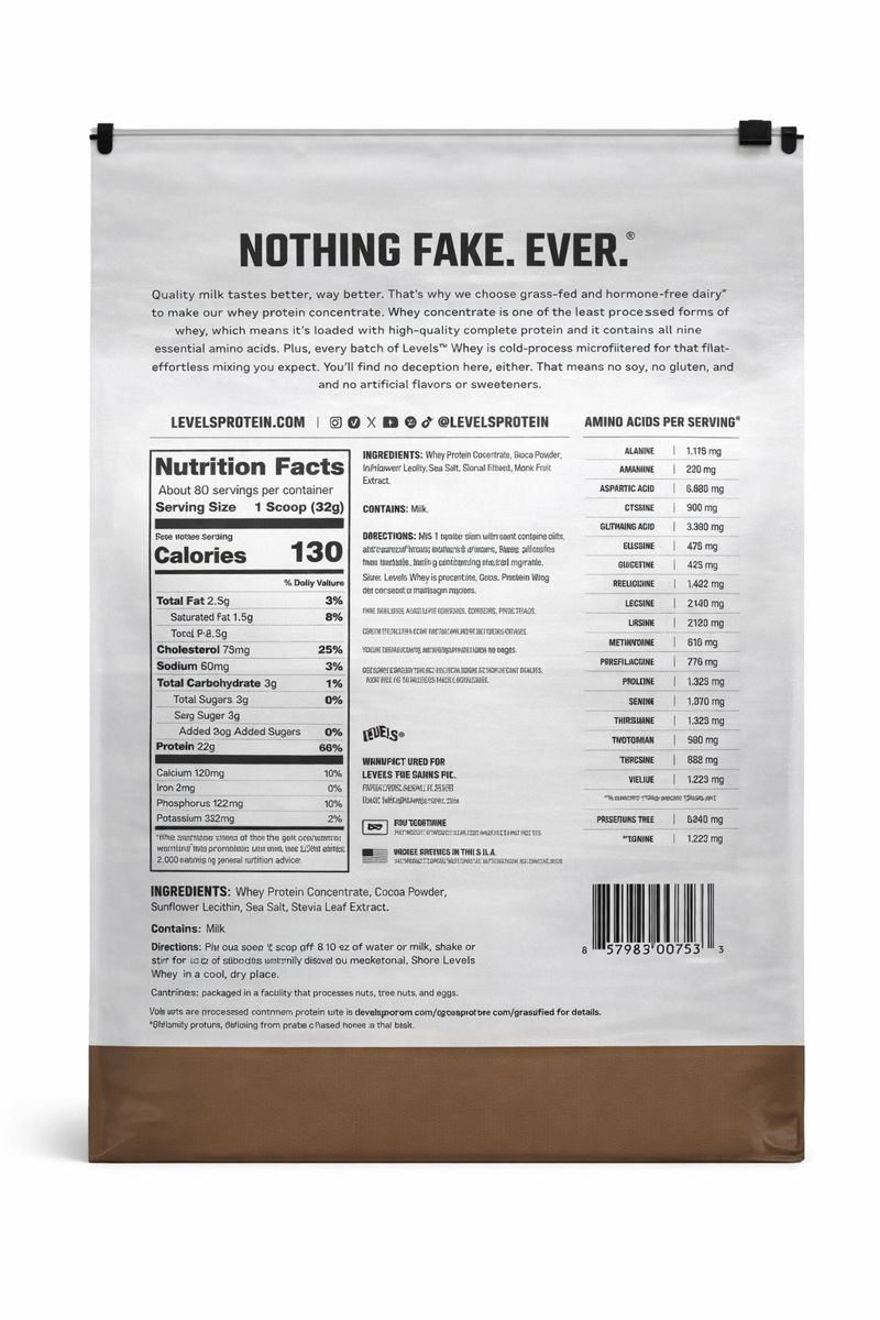 Levels Whey Protein Double Chocolate Grass Fed Whey Protein 5.64 LB, 80 Servings