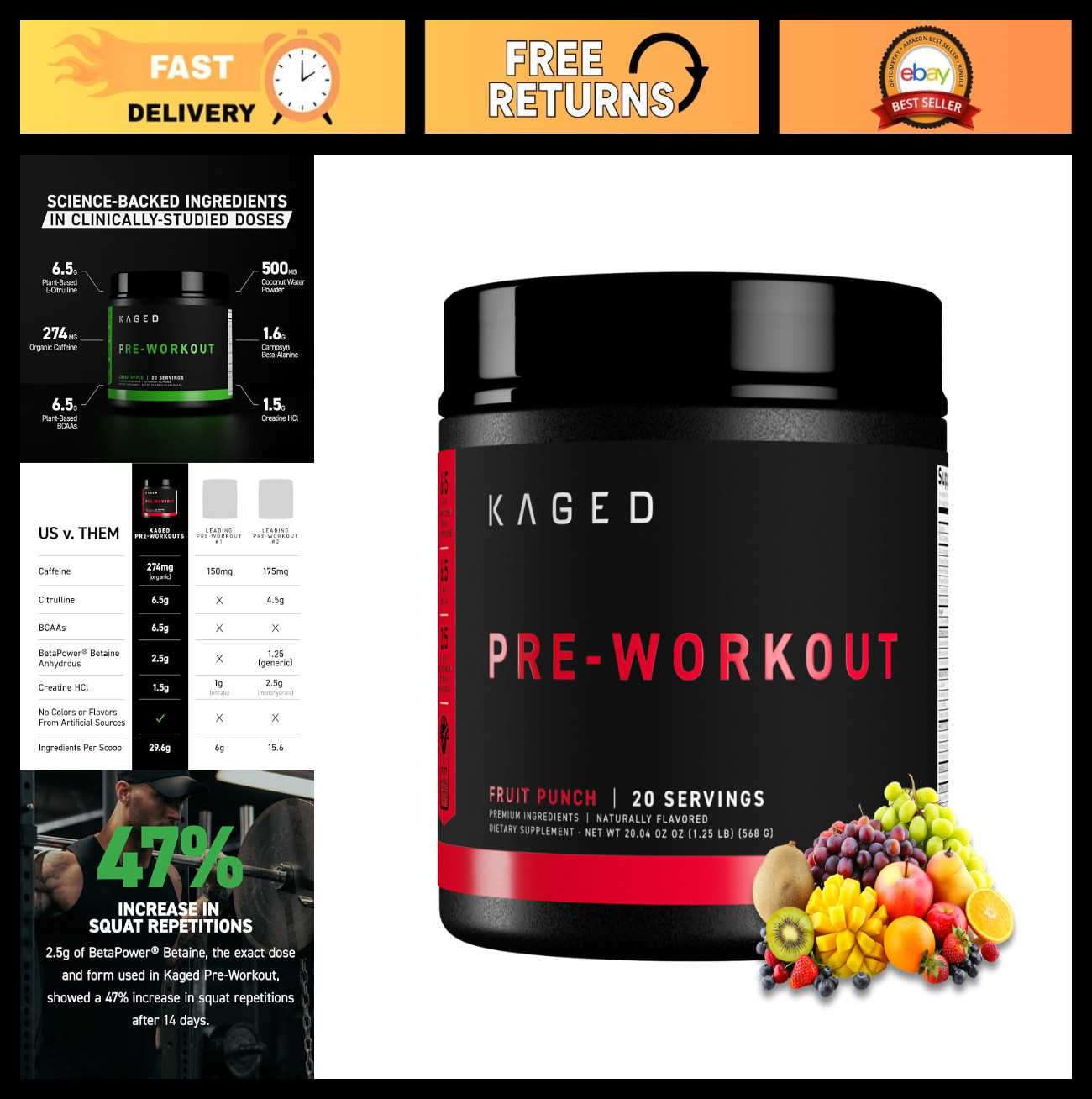 Fruit Punch Pre Workout Powder – Creatine, Beta Alanine, L-Citrulline, BCAAs, 27