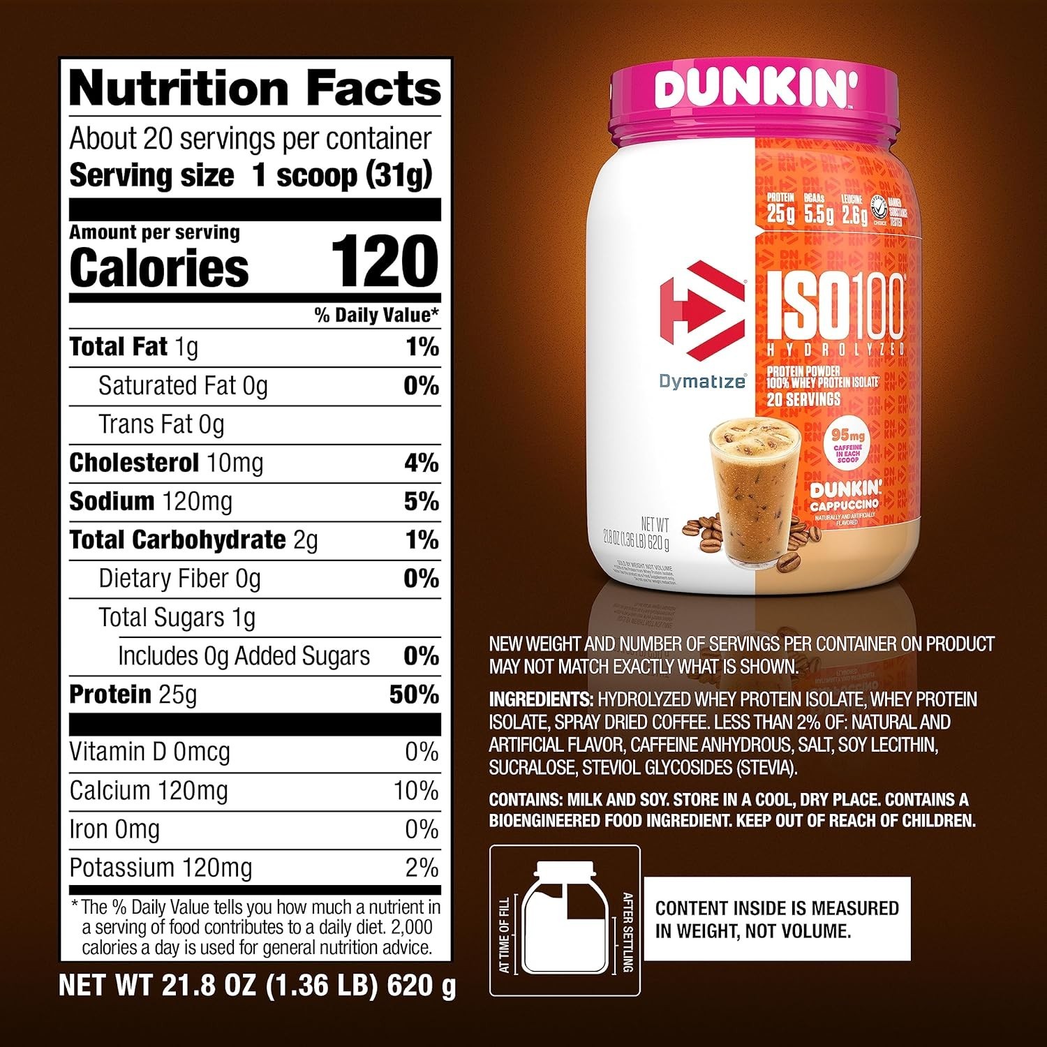 Dymatize x Dunkin’ Cappuccino ISO100 Whey Protein Powder (20 Servings)