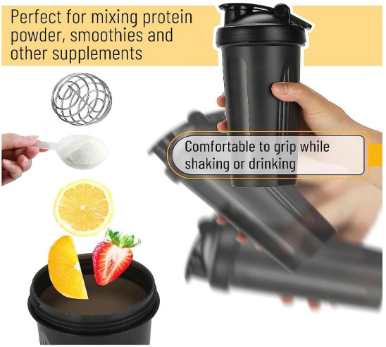 (2PK) Large BLACK Shaker 28oz for protein-Blender Bottle with Loop Top &Mix Ball