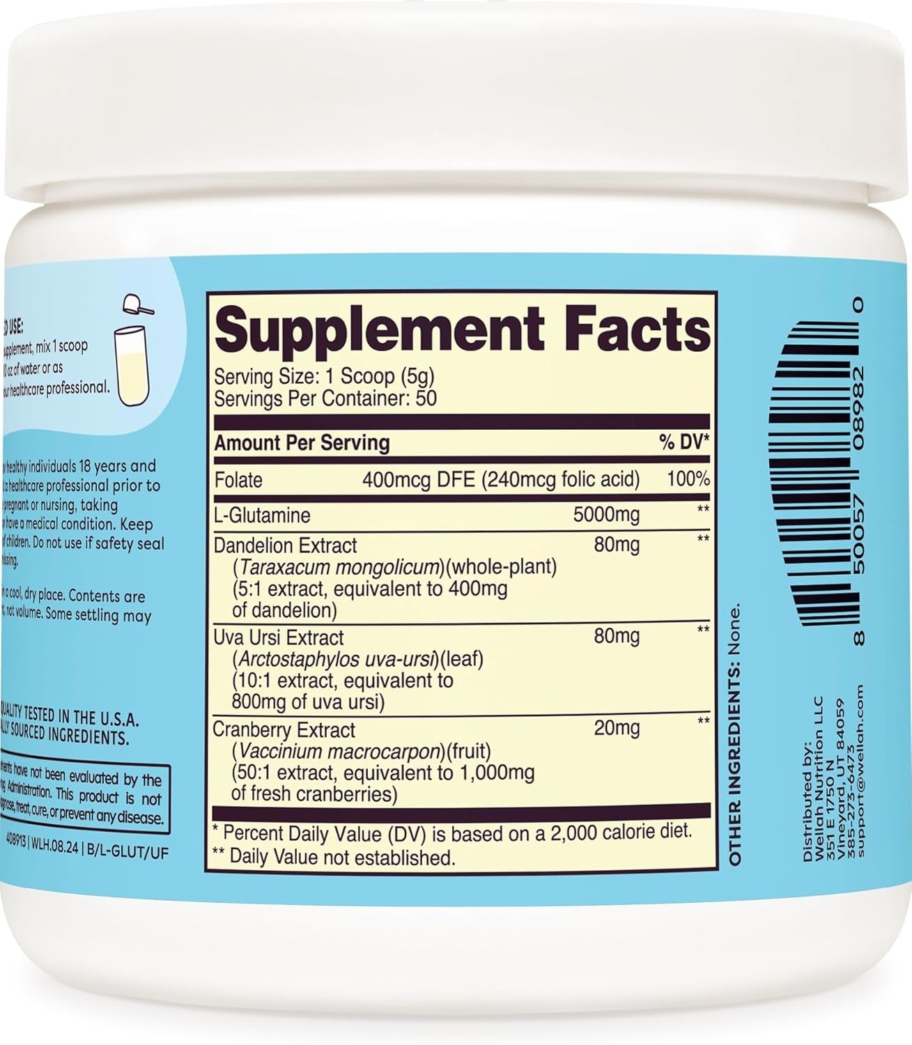 L-Glutamine Powder Unflavored – 50 Servings, 5g Per Serving, Stevia Sweetened