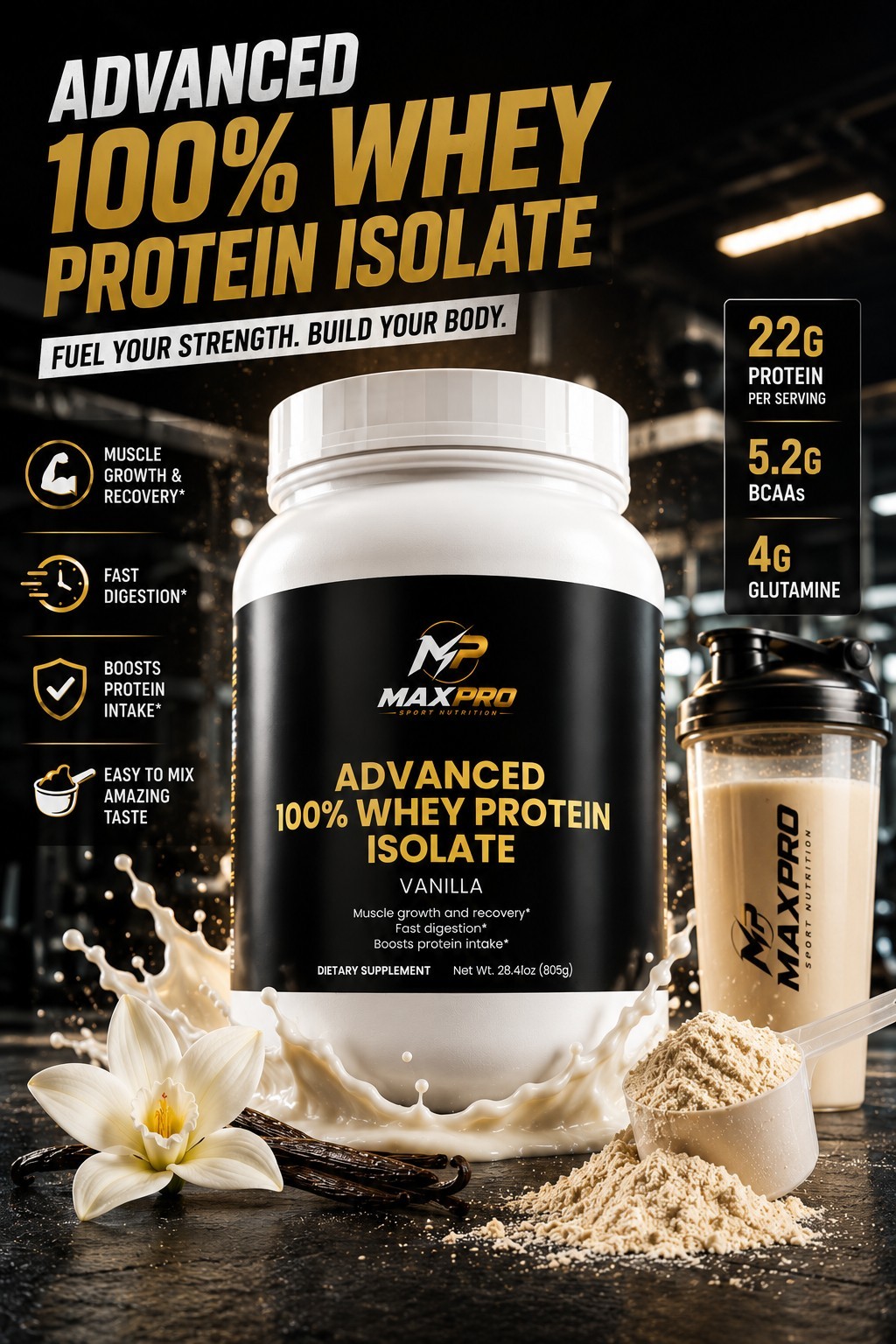 Whey Protein Isolate Vanilla Powder 28.4oz High Protein Muscle Recovery
