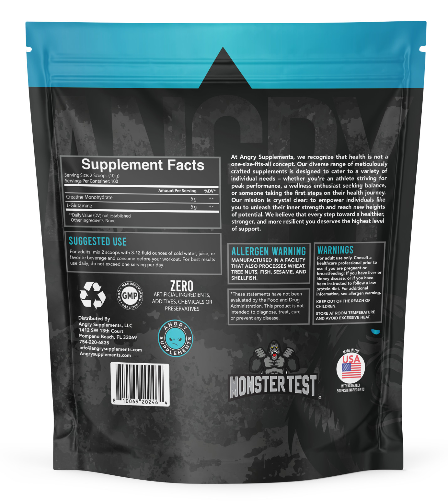 Angry Supplements CREA-GLUTA Creatine + Glutamine Workout Powder 1 Kilo 100 Serv