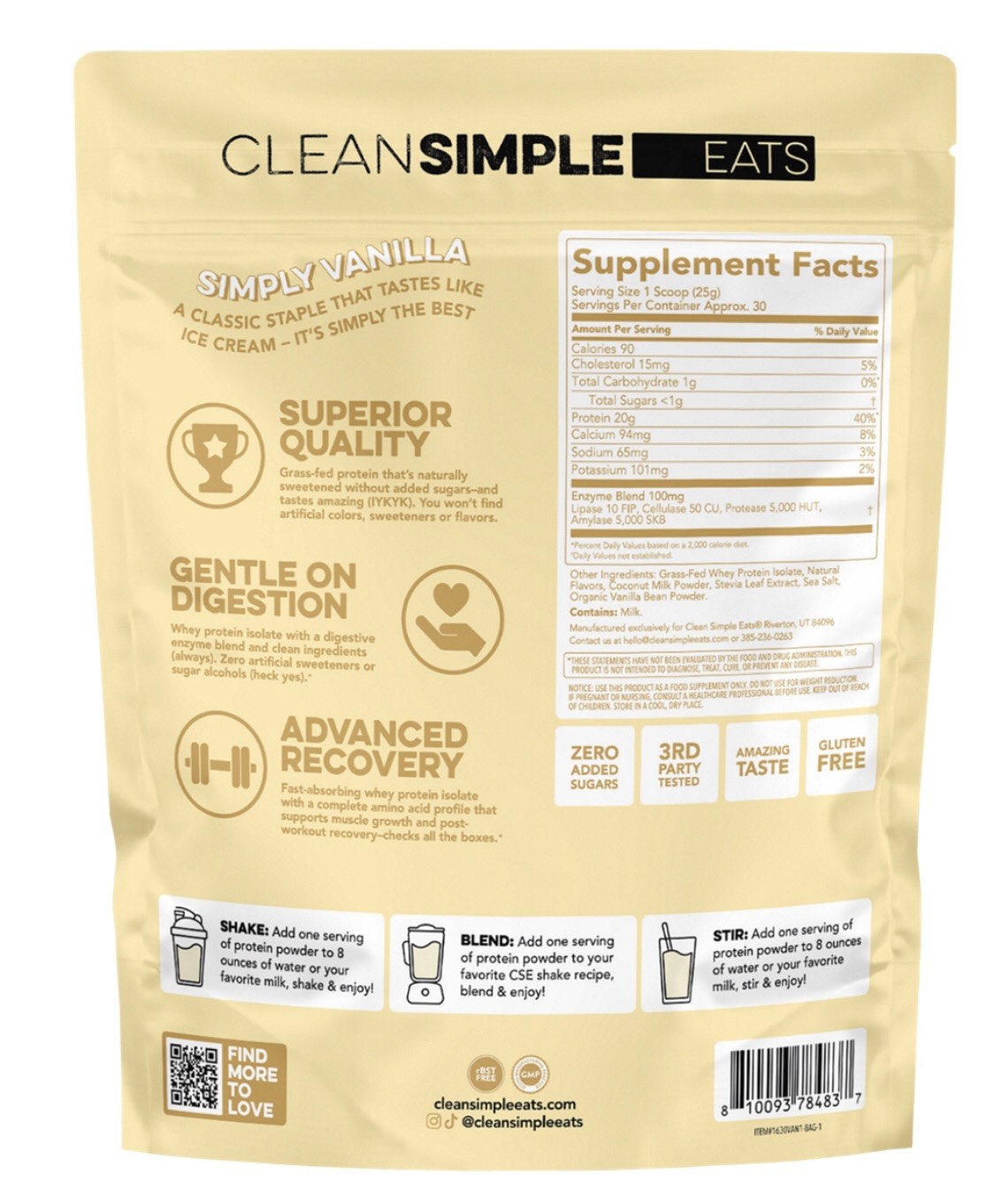 Clean Simple Eats Vanilla Whey Protein Powder 20 Grams Protein 30 Servings