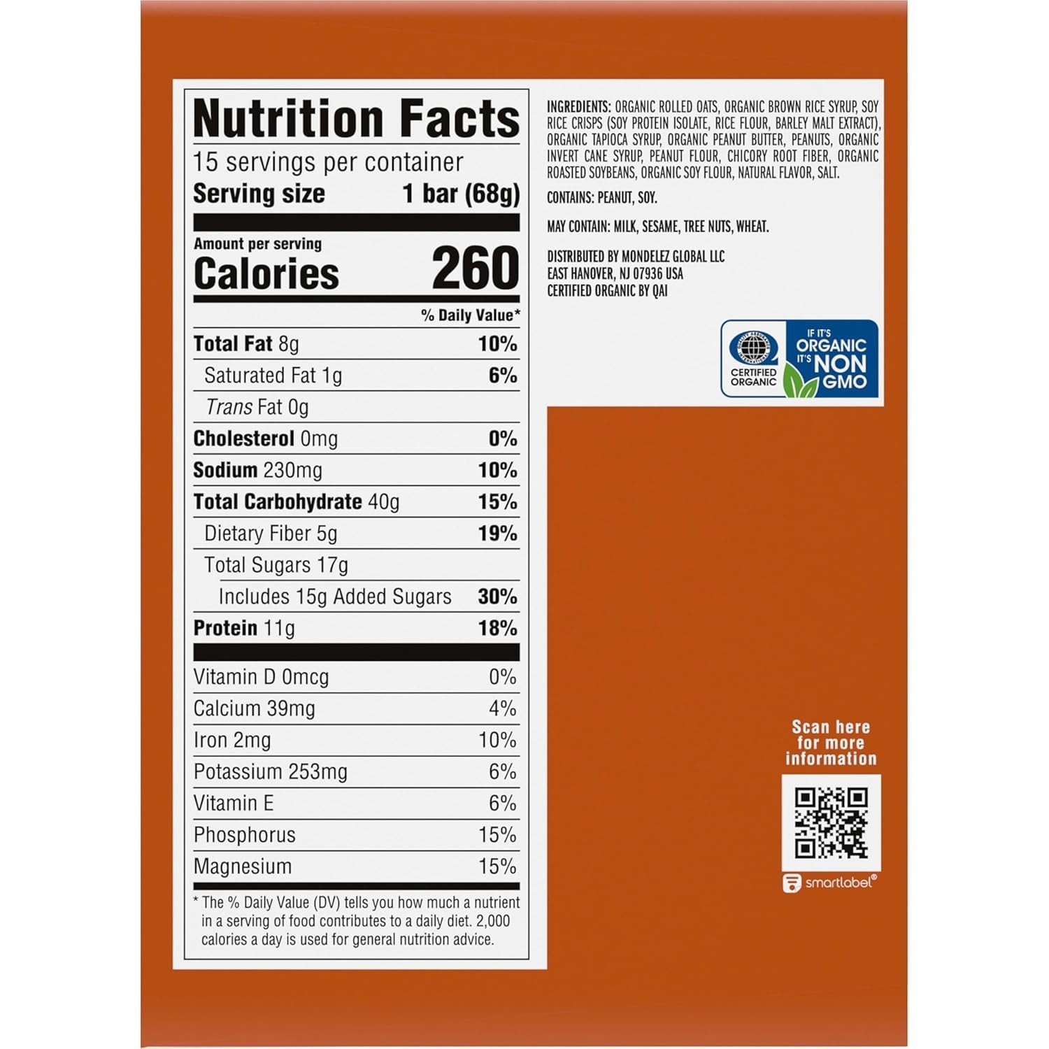 Energy Protein Bars Crunchy Peanut Butter 15 Pack Non-GMO Organic Oats Plant