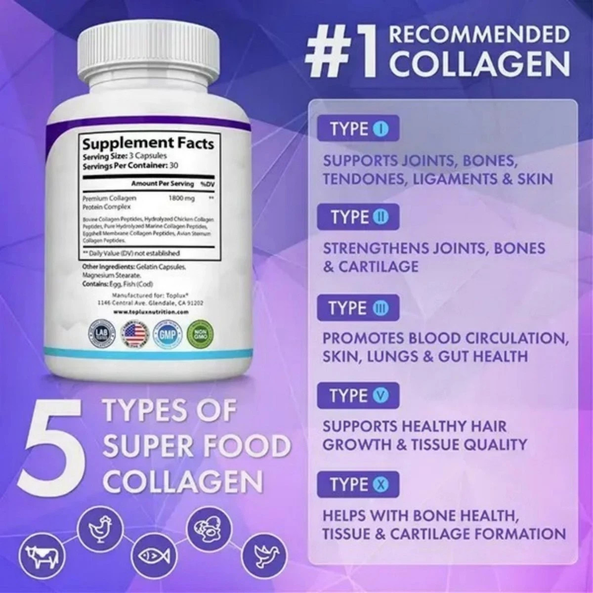 Toplux Collagen Peptides – with Multi-Type Collagen & Vitamins- 90 Capsules