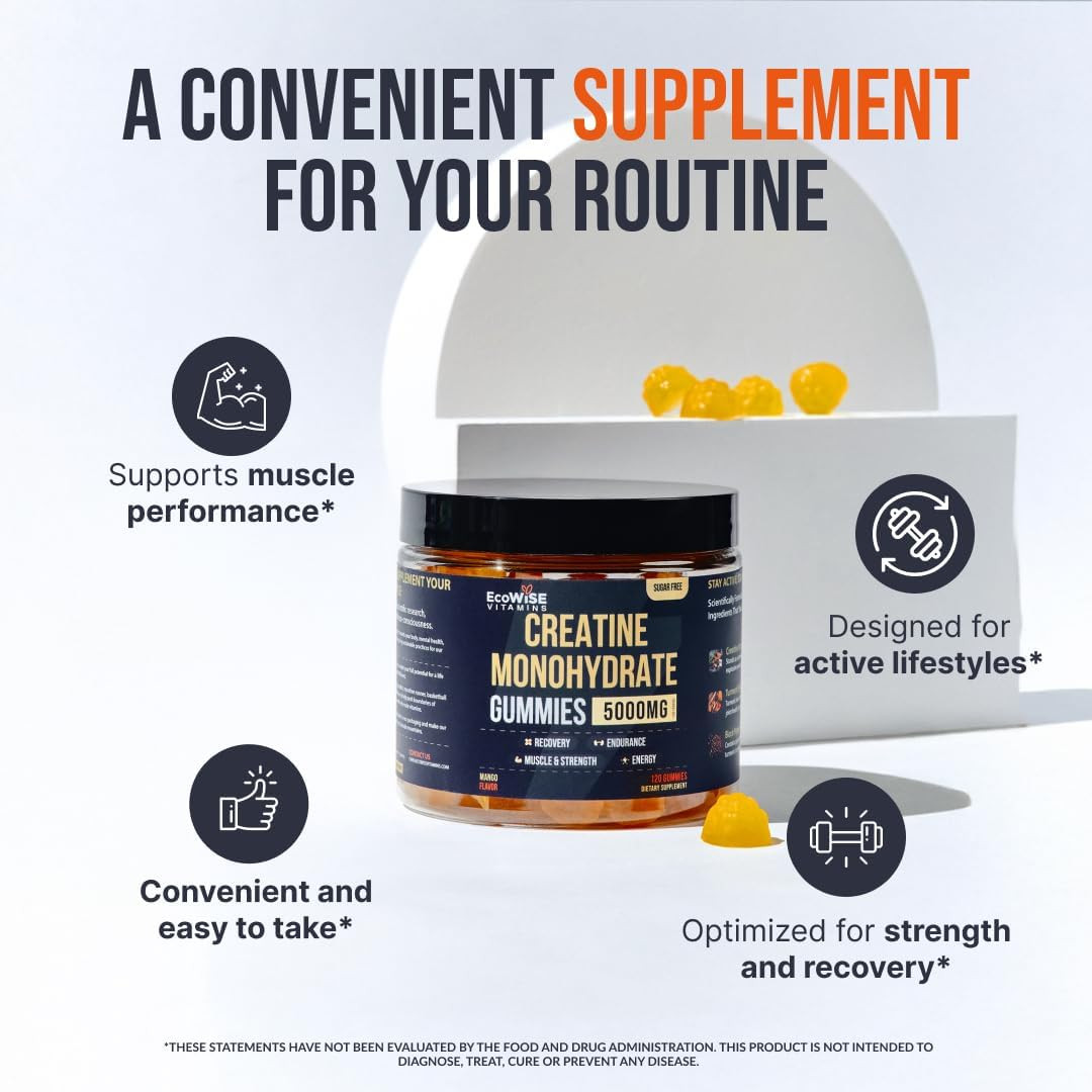 Creatine Monohydrate Gummies 5000 mg per Serving, Mango Flavor, with Turmeric Ro