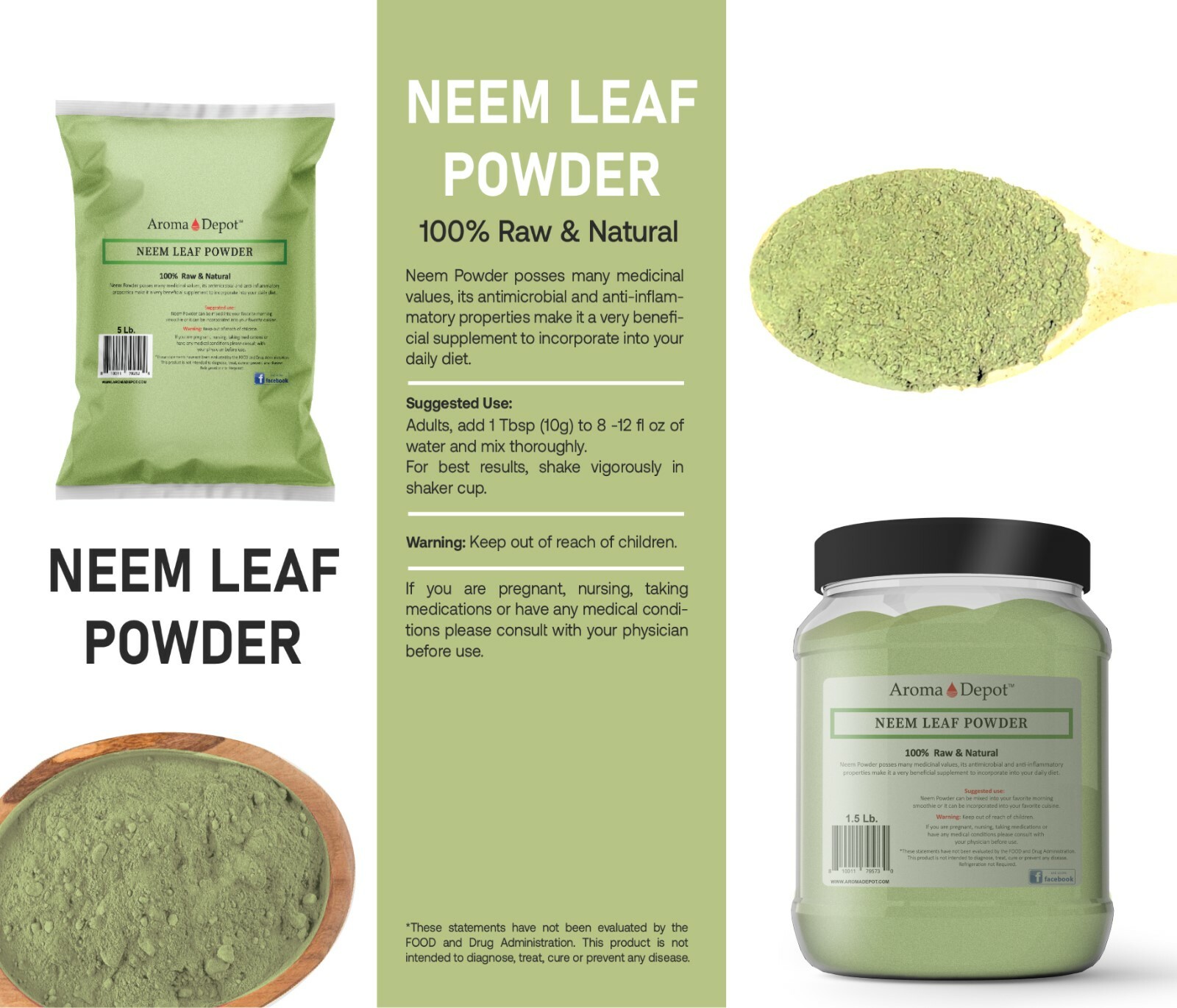 1lb Neem Powder Dried Leaf JAR Pure & Natural Raw (Azadirachta indica) Eczema