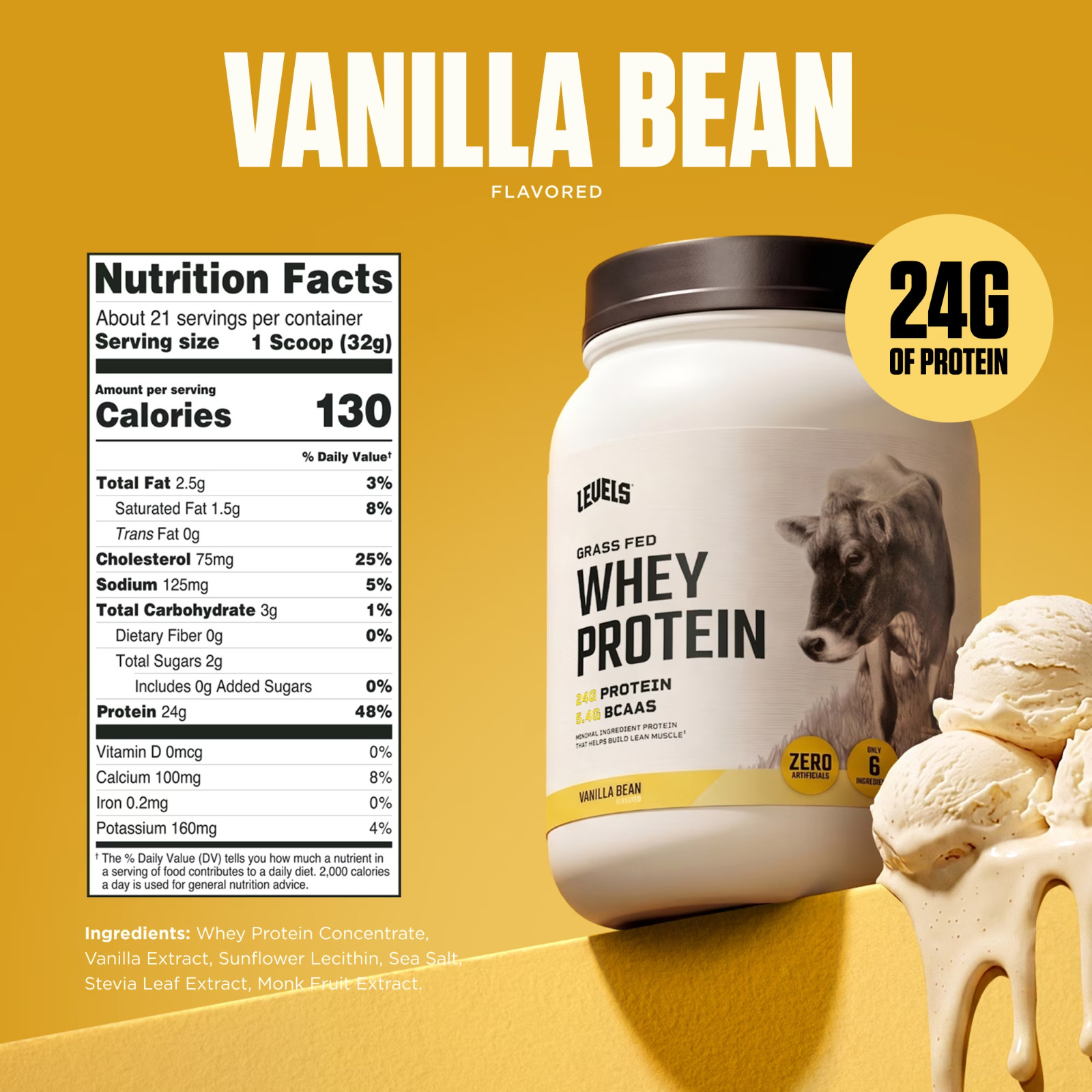Levels Grass Fed Whey Protein Powder, No Artificials 24G of Protein Vanilla Be