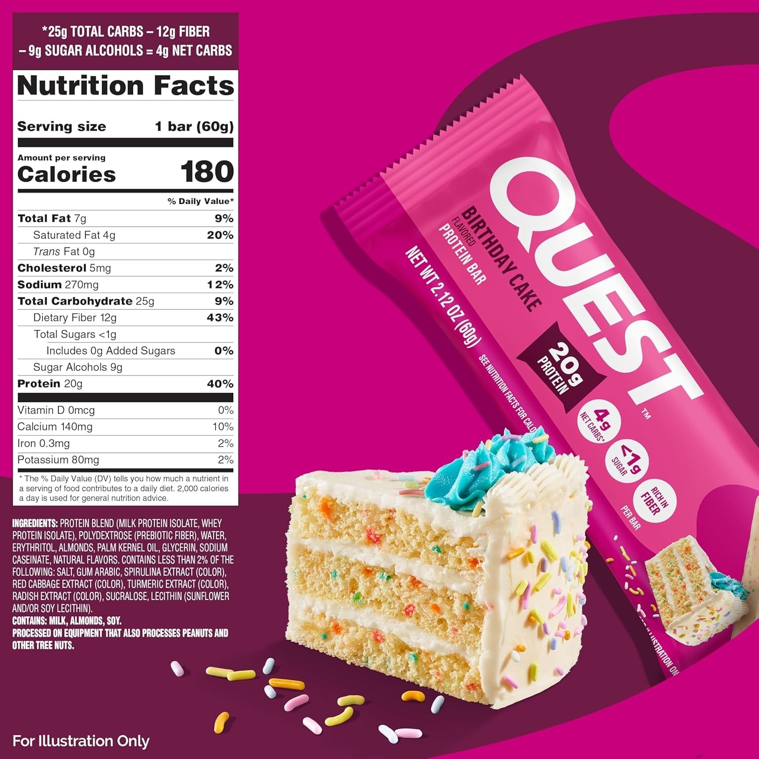 12 Pack of QUEST Protein Bars Birthday Cake 2.12oz (1 New Box) – BEST BY: 1/27