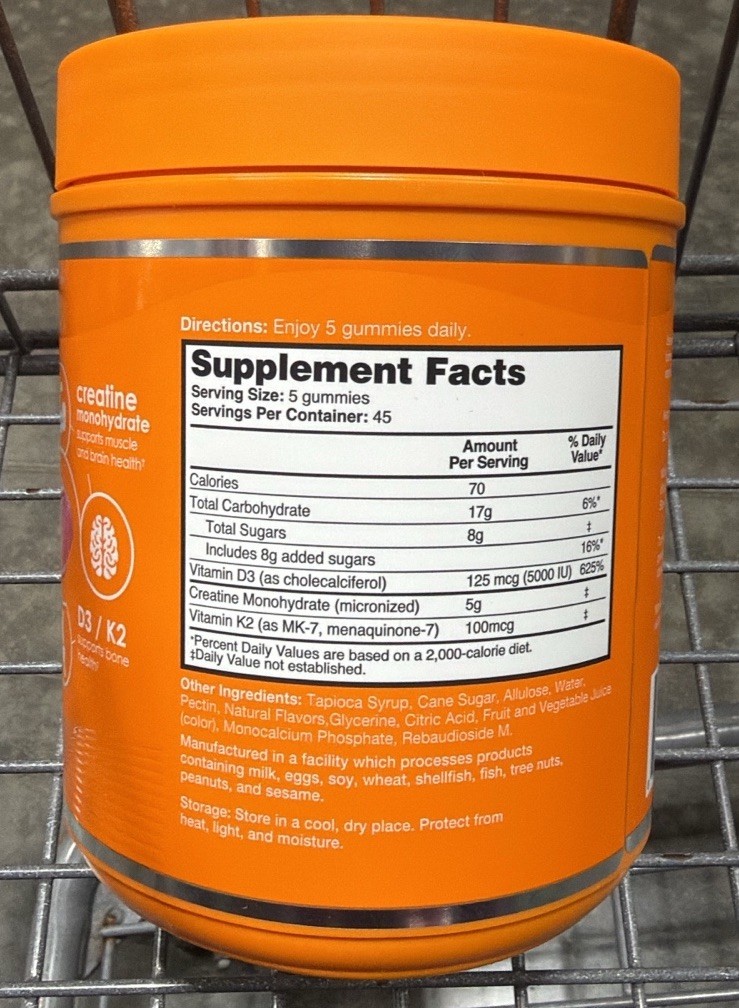 Zena Creatine Monohydrate + Vitamin D3/K2 Watermelon Gummies, 225 Count