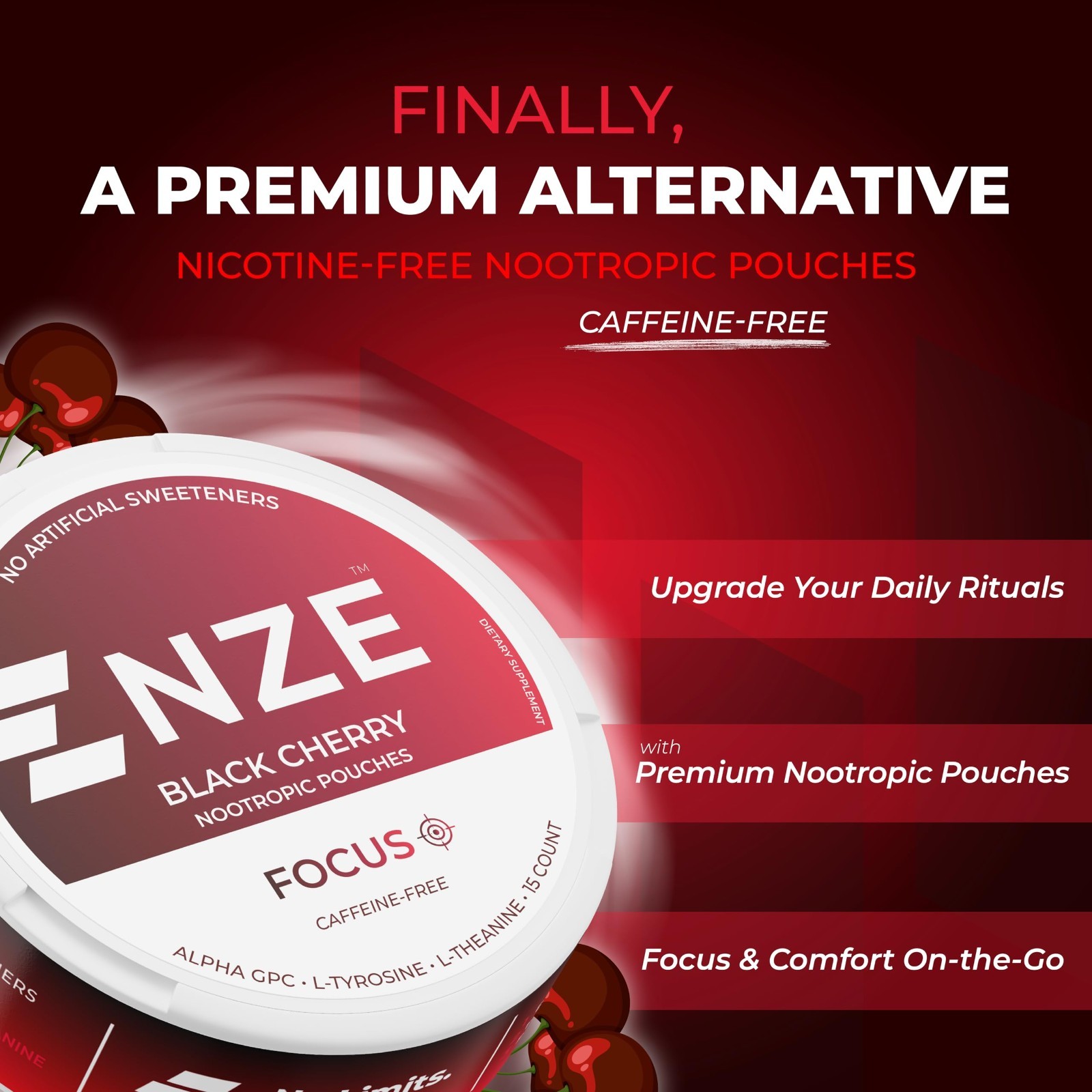 Caffeine-Free Nootropic Pouches – Black Cherry Flavor, Alpha GPC, L-Tyrosine, L-