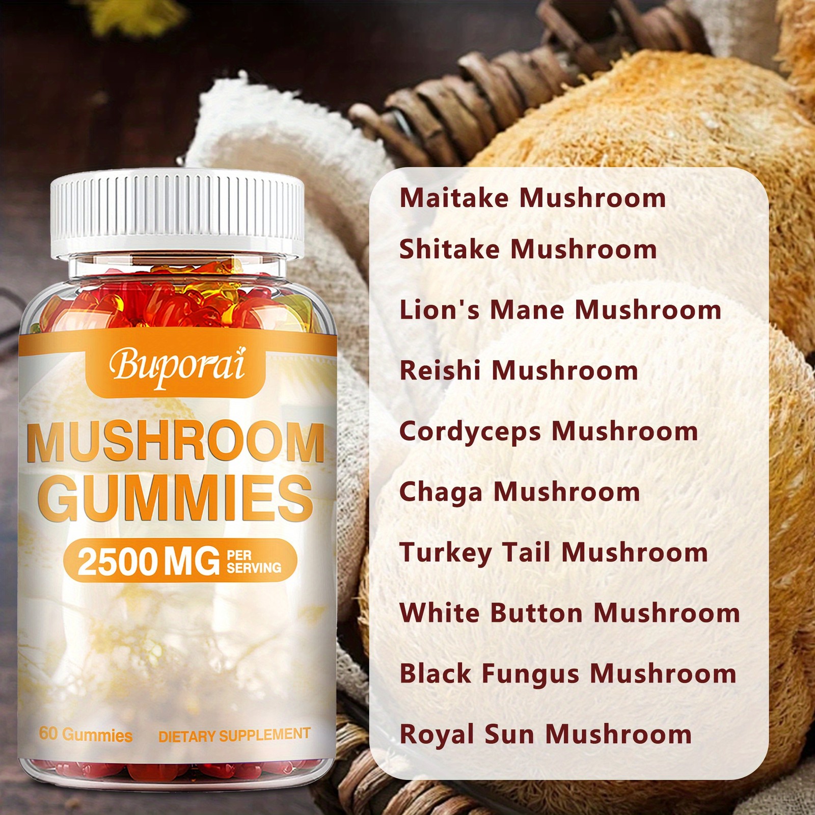 BUPORAI Mushroom Gummies Reishi Cordyceps Maitake Energy 60pcs