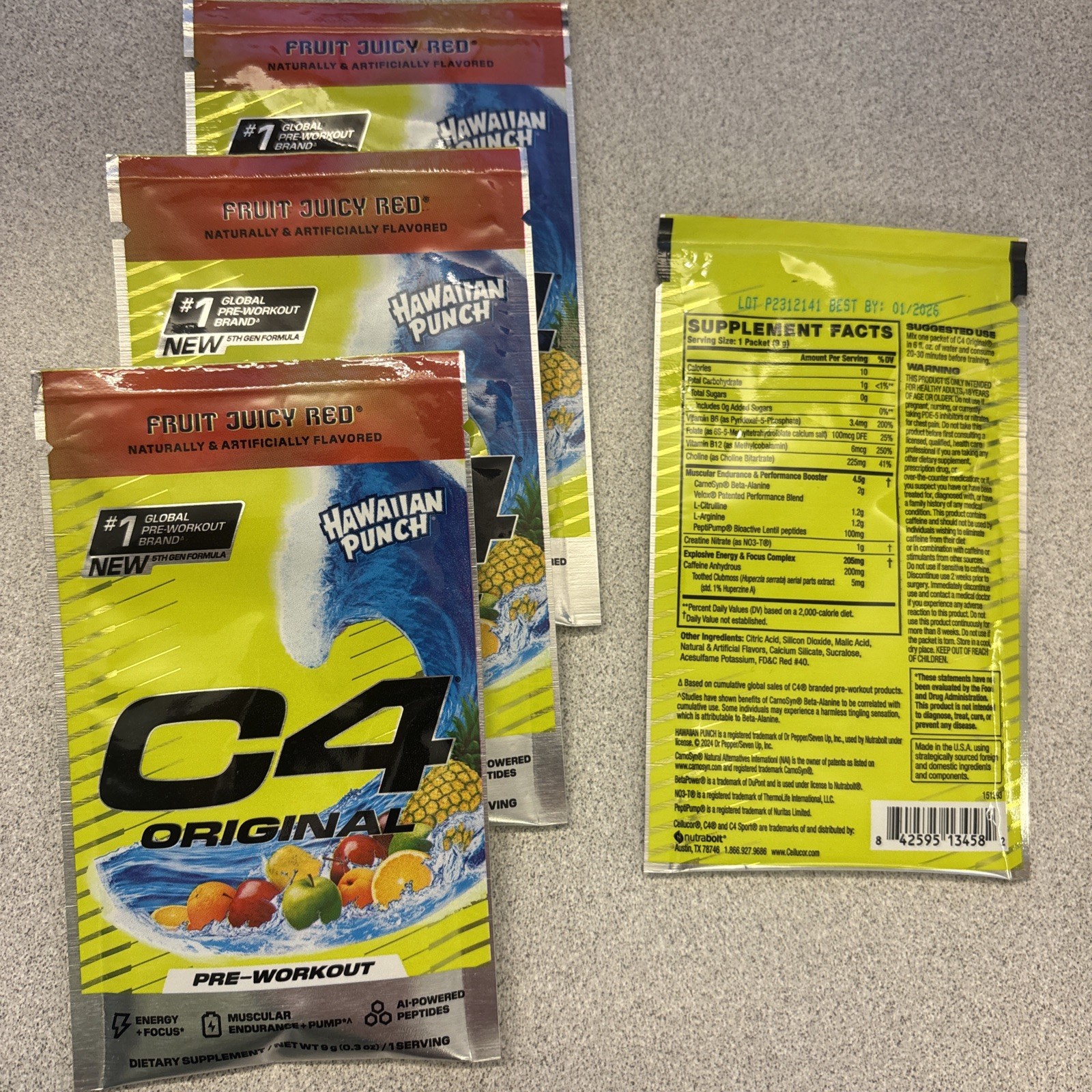 Cellucor Hawaiian Punch C4 Original Pre-Work Single Serving Travel Pack Lot Of 4