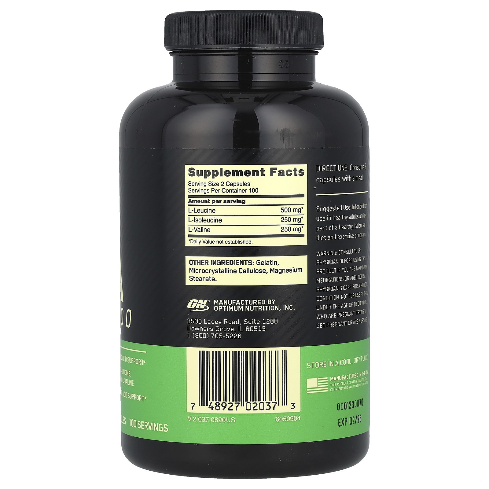 Optimum Nutrition, BCAA 1000 Caps, Megasize, 1,000 Mg, 200 Capsules, Amino Acids