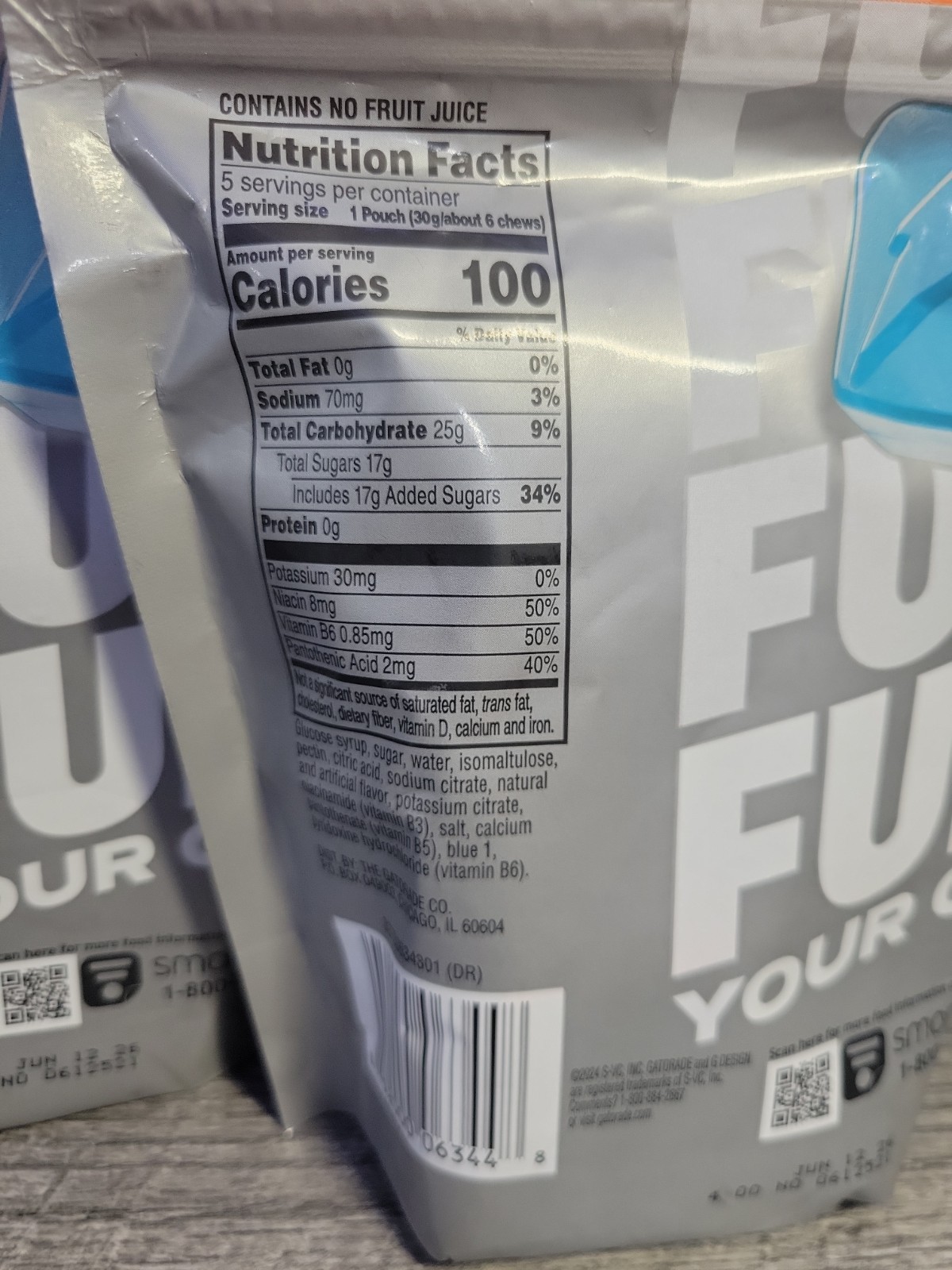 2x Gatorade Energy Chews Cool Blue Flavor 5 Pouches 6 Chew Bags