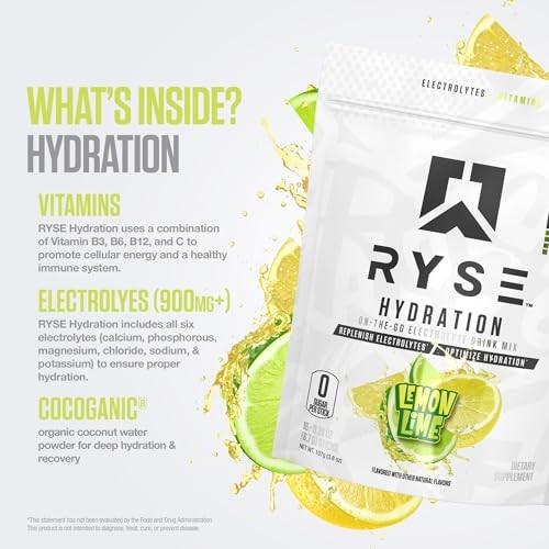 RYSE Hydration Electrolyte Powder Drink Mix Packets – Lemon Lime – Sugar-Free