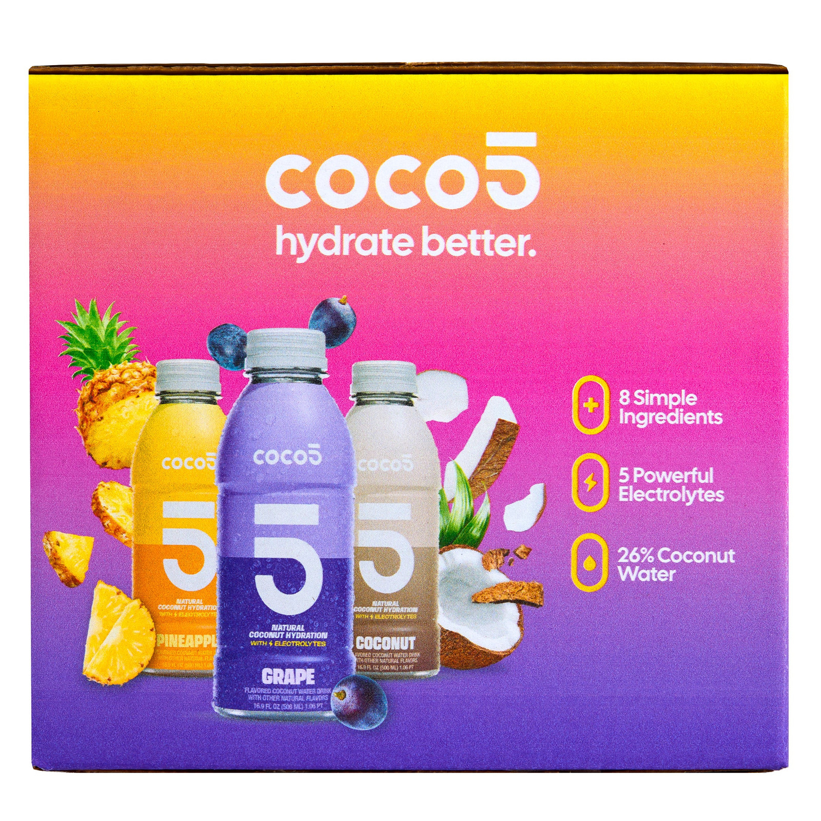 Coco5 Natural Coconut Water Hydration Drink, Variety, 16.9 oz Bottles, 18-Pack